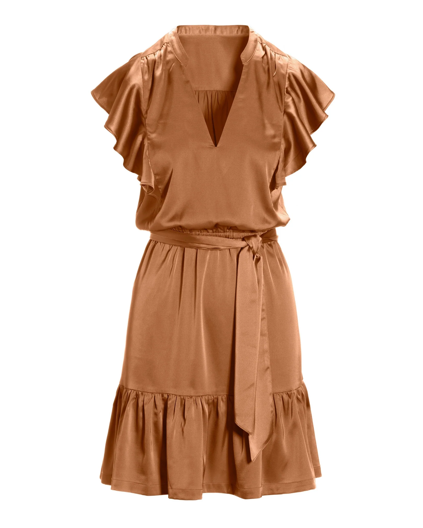 Tie Waist Ruffle Detail Charmeuse Dress Cognac