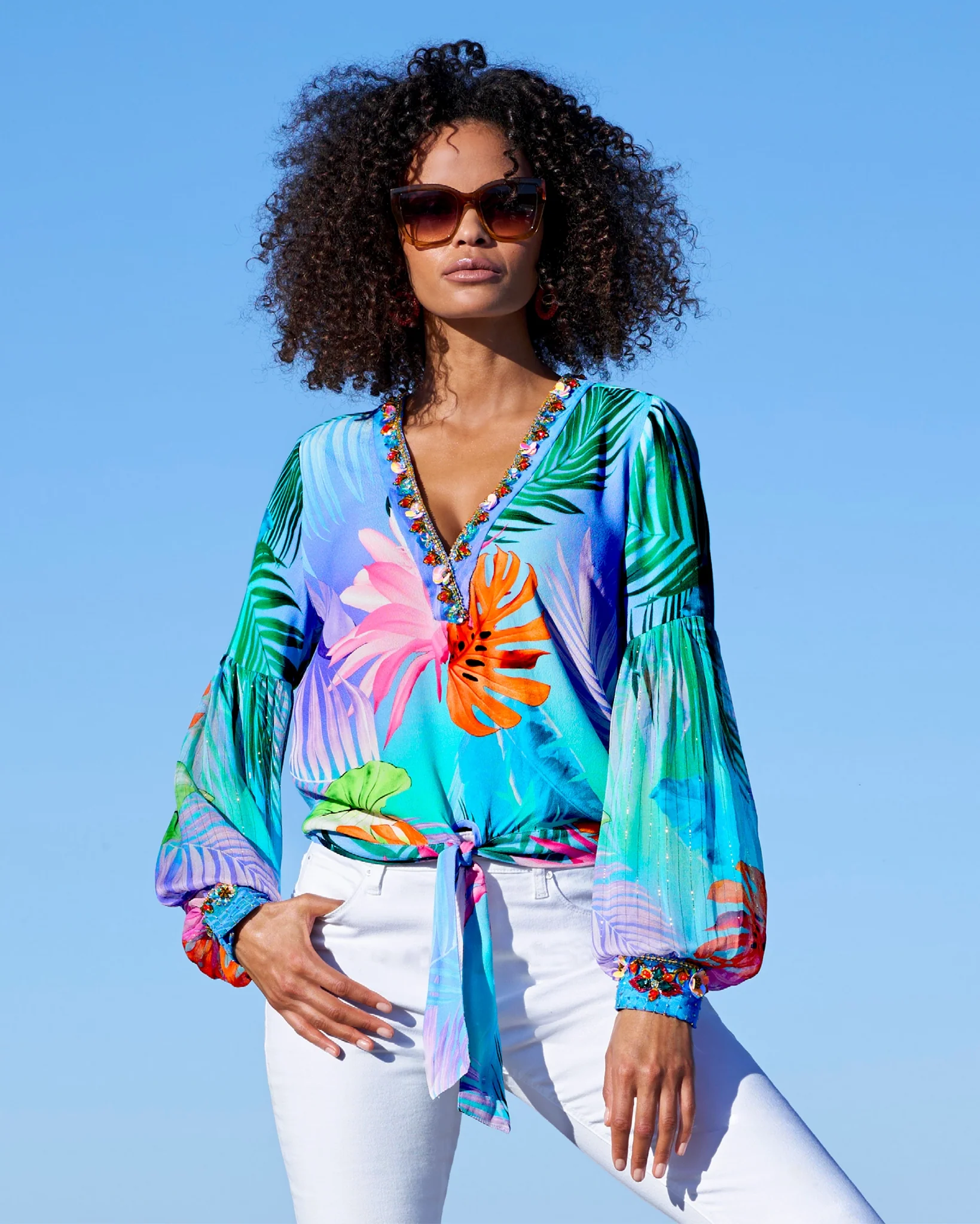 Tropical Summer Print Embellished Tie Front Blouse Blue Multi