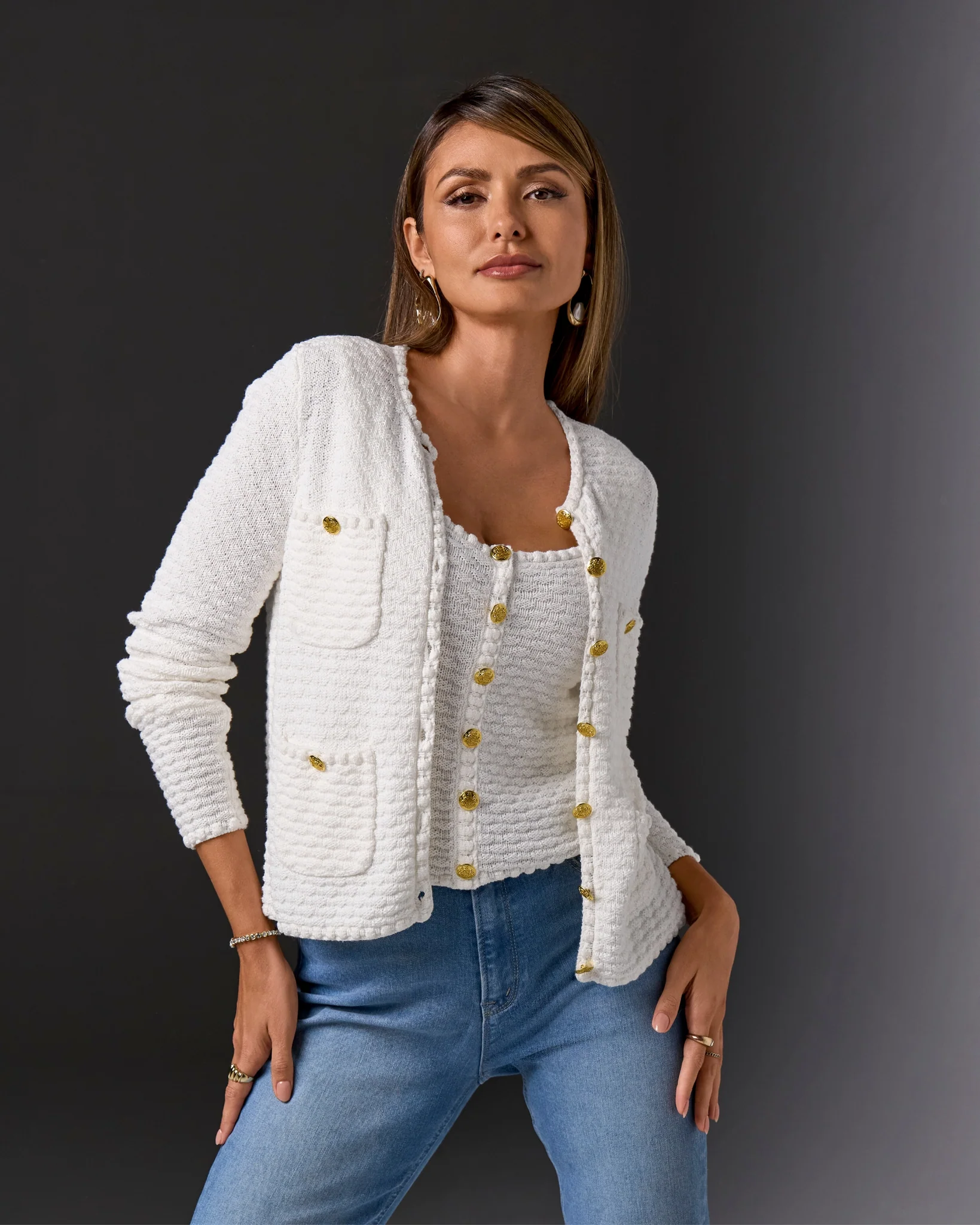 Button Detail Pocket Sweater Cardigan Off White