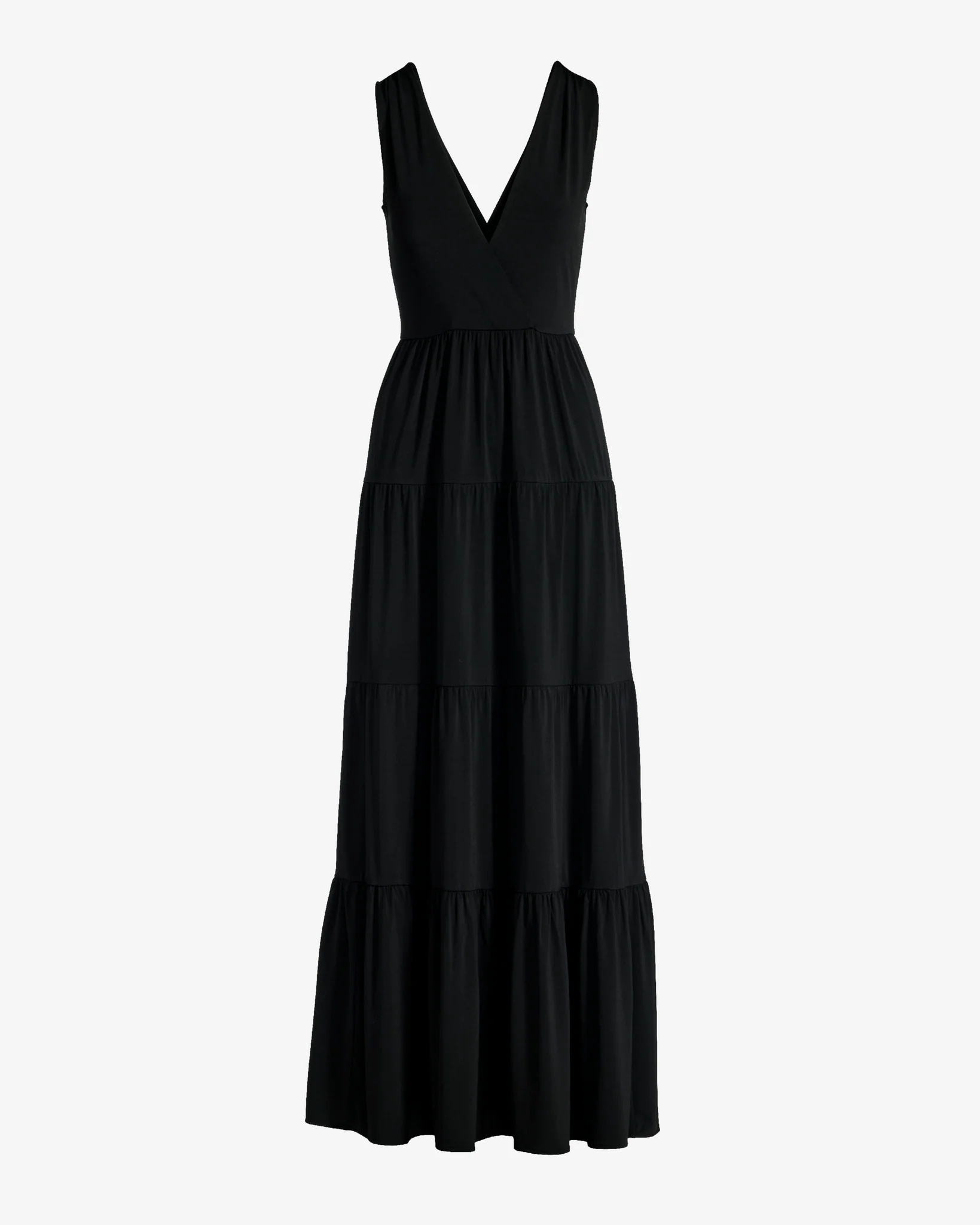 V Neck Tiered Knit Maxi Dress Black