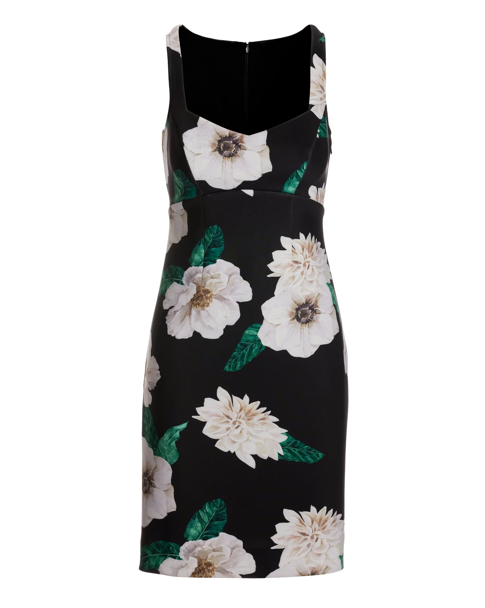 White Fleurs Print Scuba Sheath Dress Black