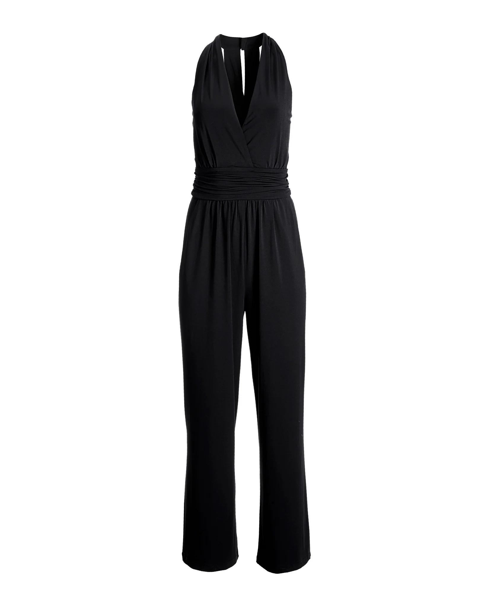 Versatile Knit Ruched Slimming V Neck Jumpsuit Black