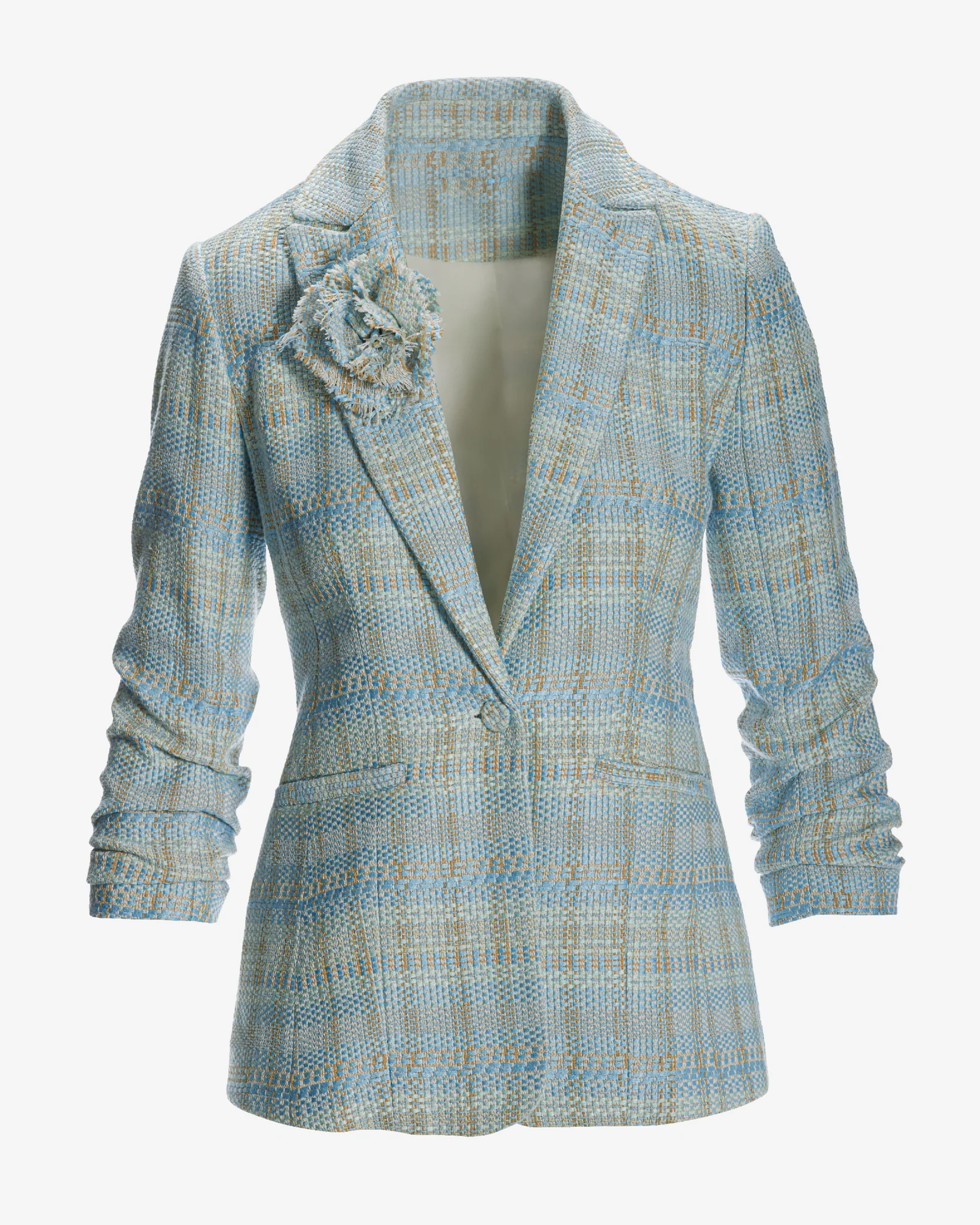 Tweed Ruched Sleeve Single Button Blazer Blue Multi