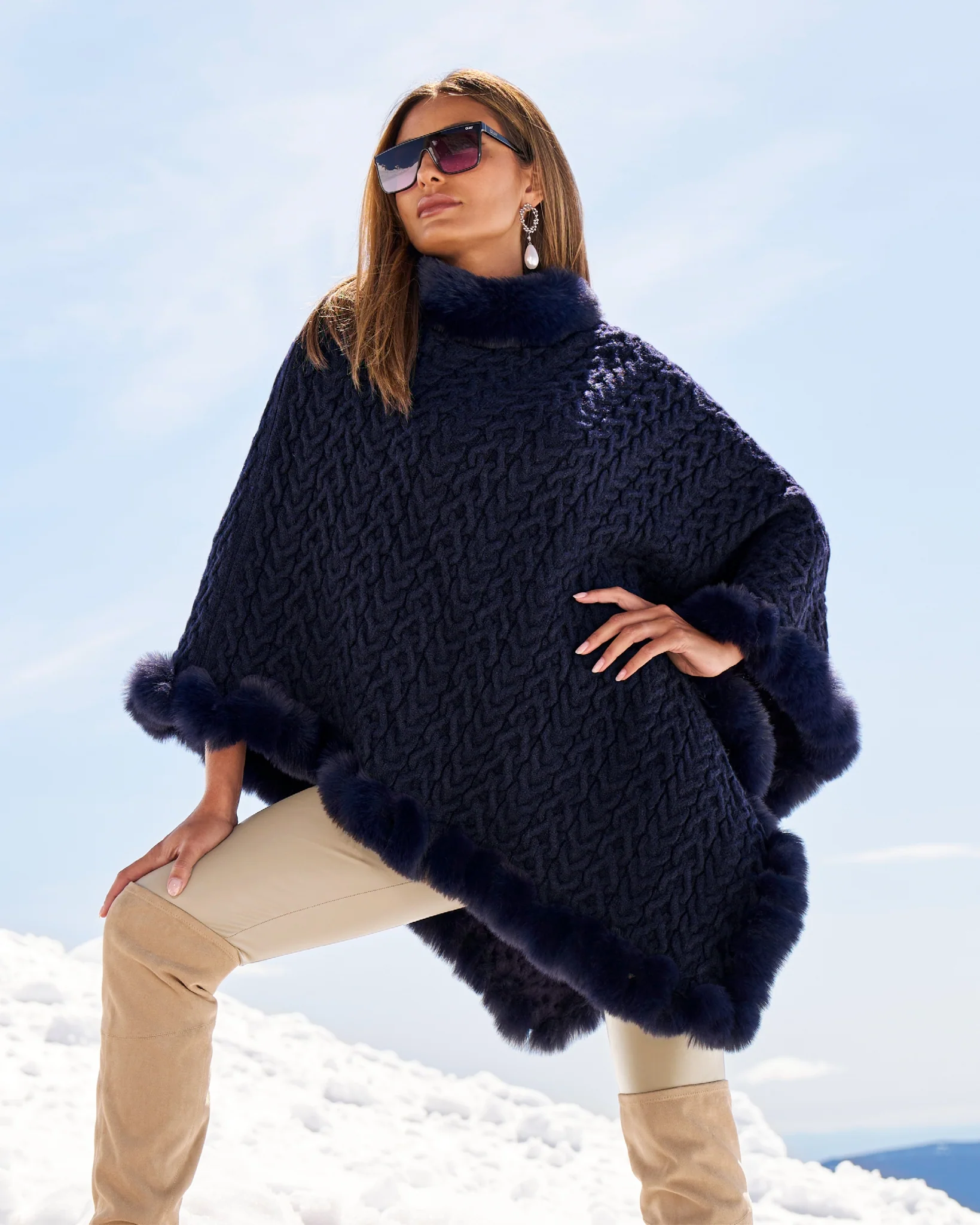 Cable Fur Trim Poncho Evening Blue