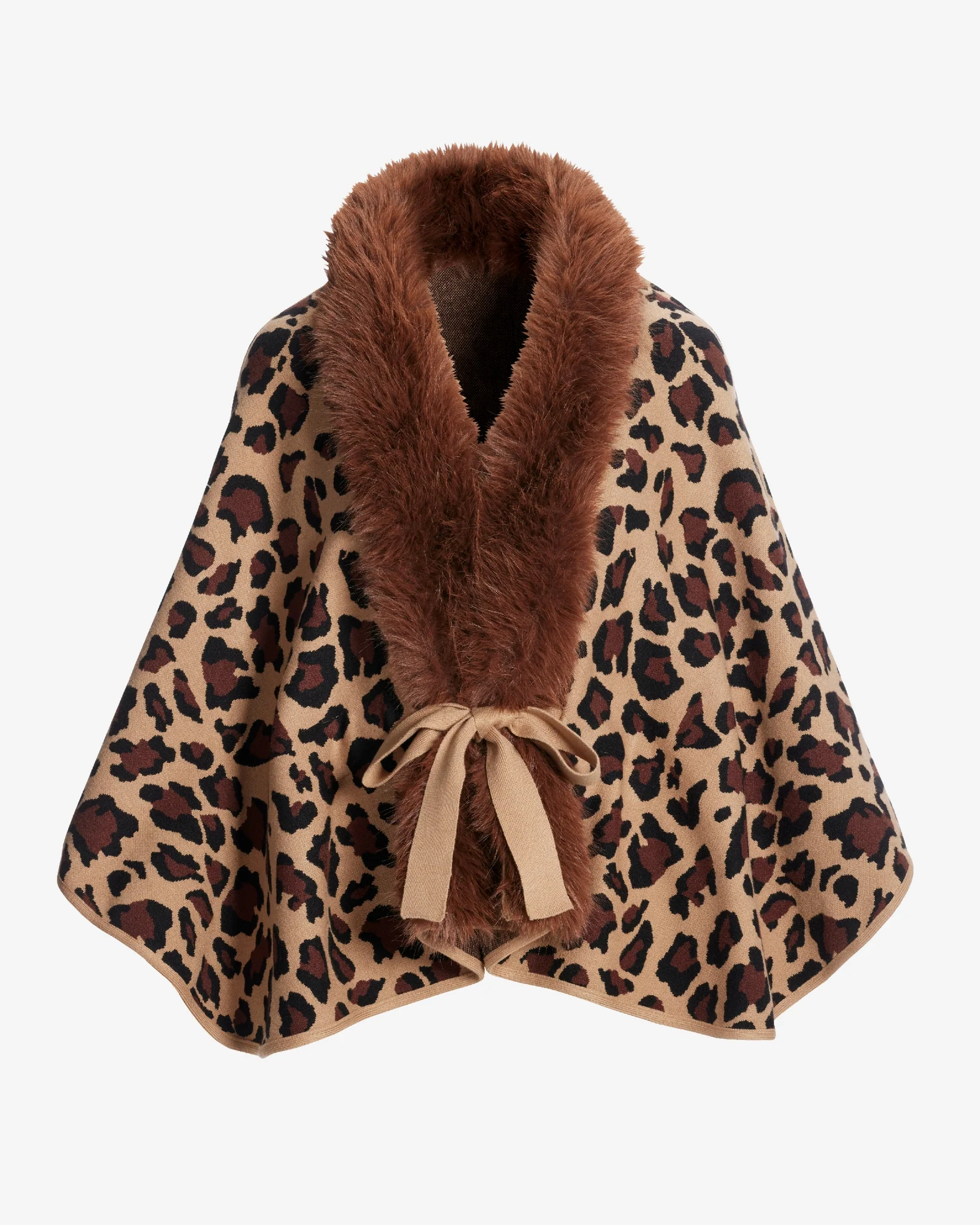 Animal Faux Fur Tie Waist Sweater Poncho Brown Multi