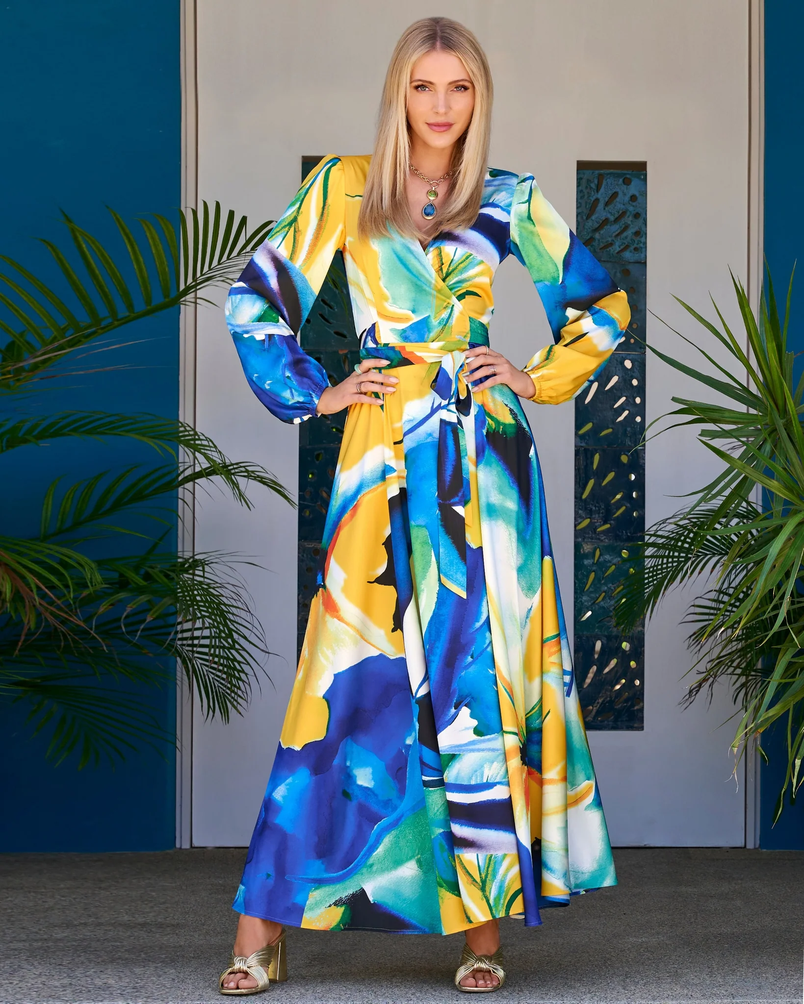 Valencia Florals Print Charmeuse Wrap Maxi Dress Blue/Yellow
