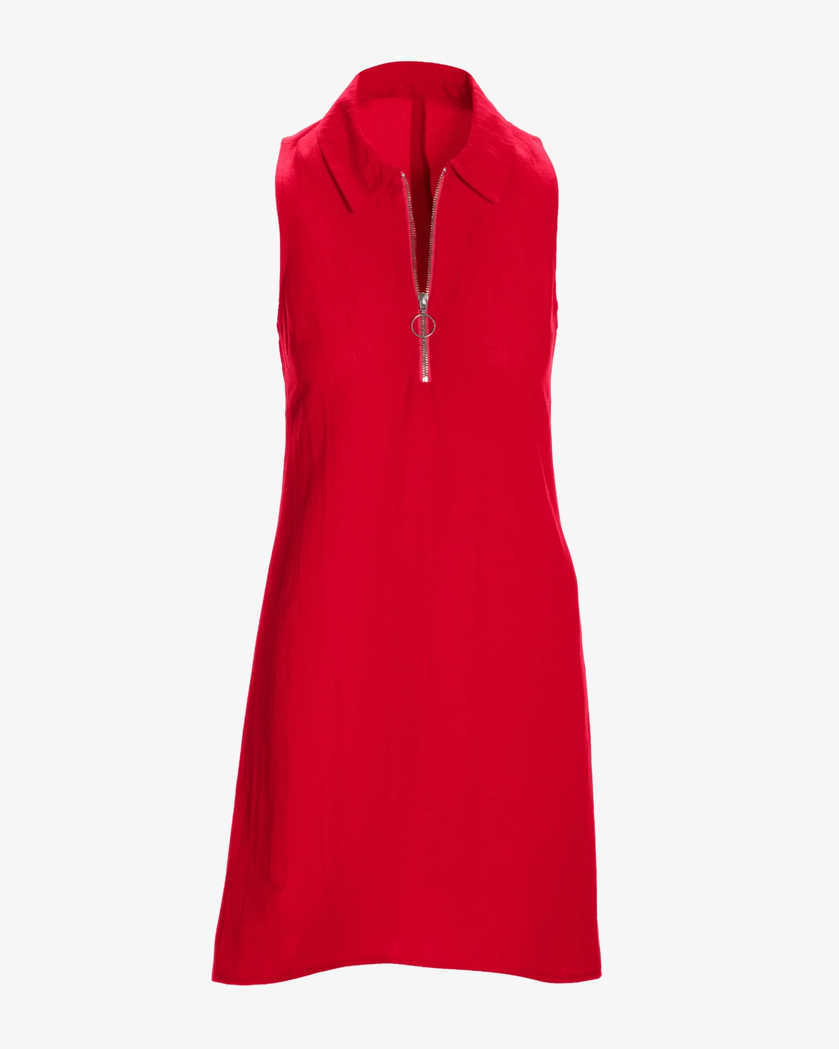 Zip Detail Linen Collared Shift Dress True Red