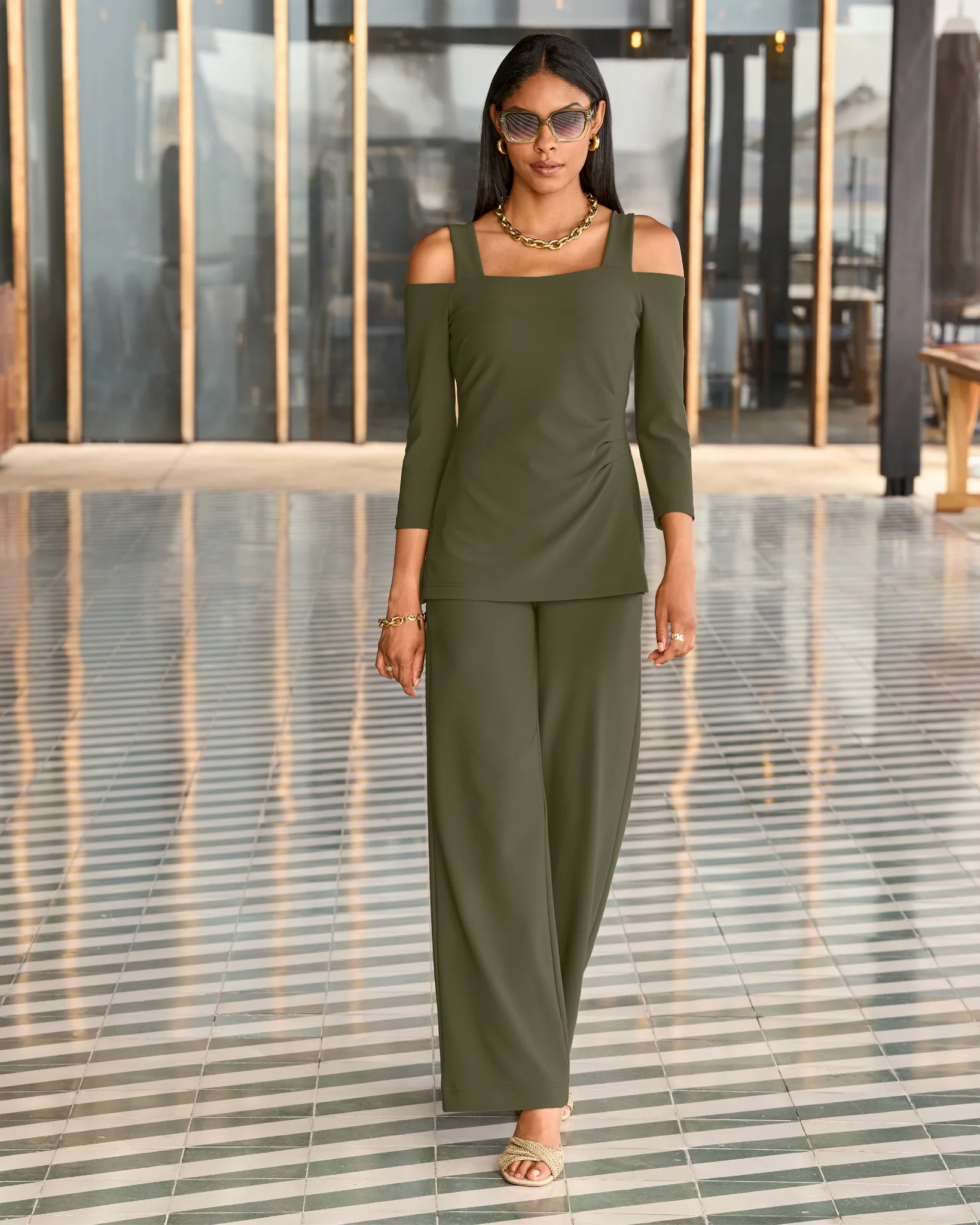 Beyond Travel High Rise Palazzo Pant Olive Night