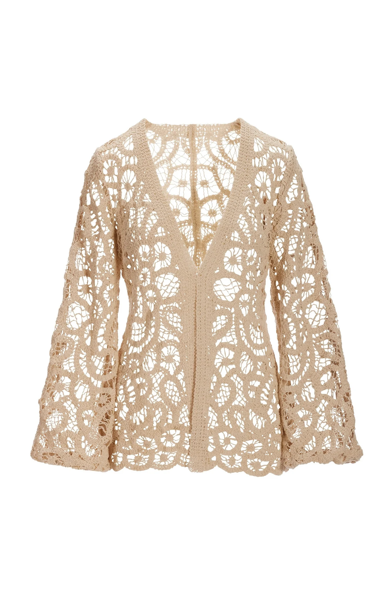 Transitional Balloon Sleeve Crochet Hip Length Duster Tan