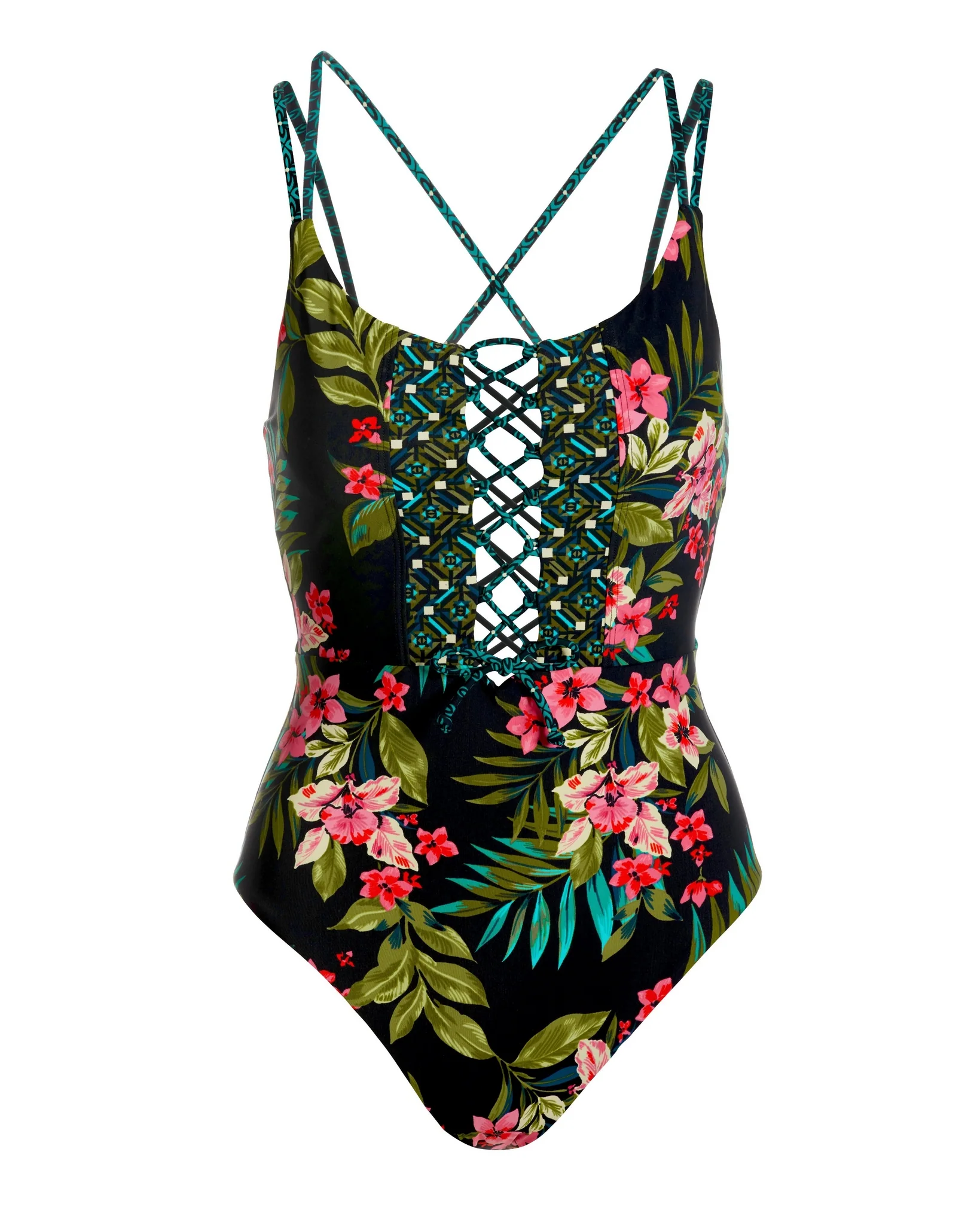 Tropical Lace-Up Plunge One-Piece Swimsuit Black Multi