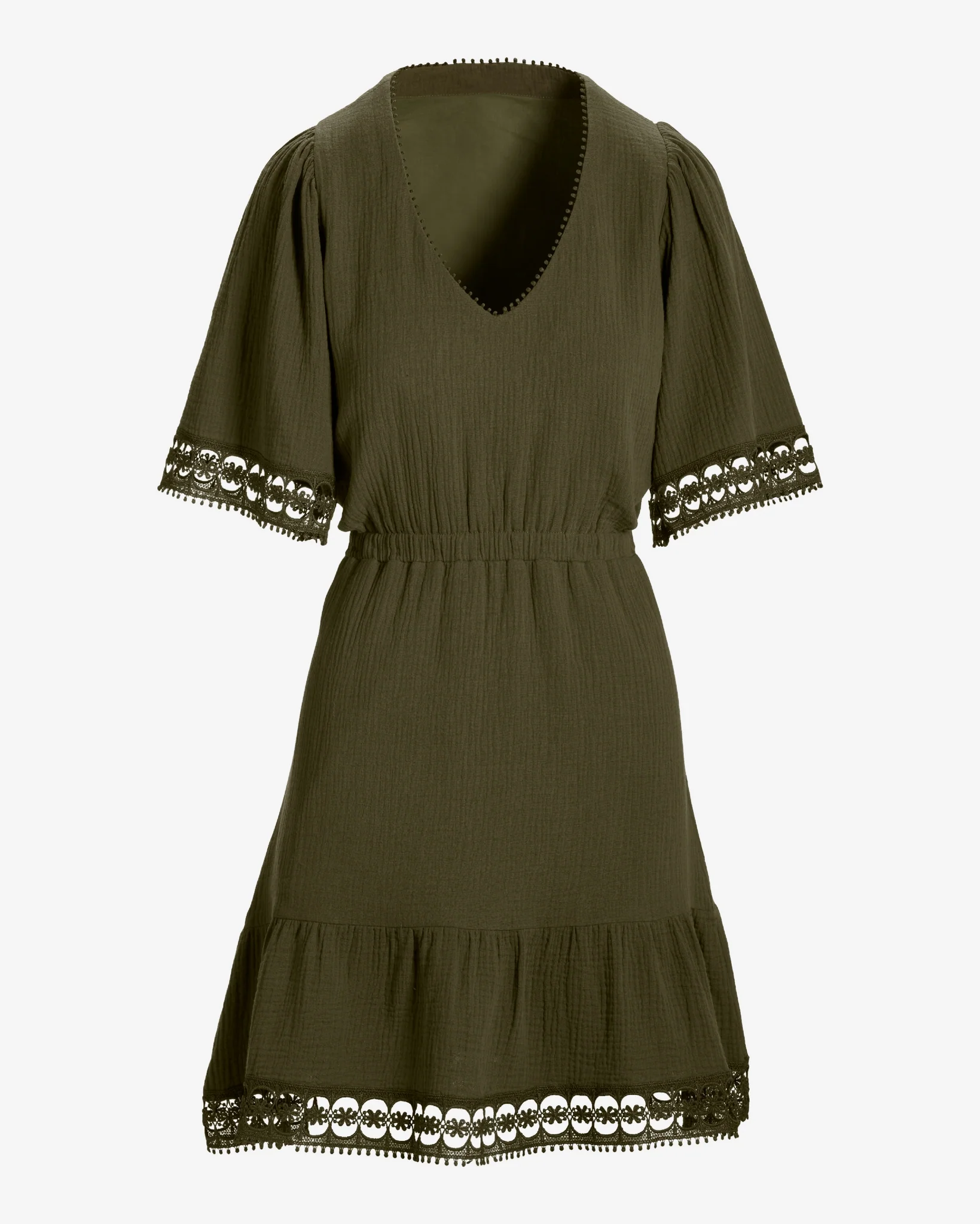 100% Cotton Gauze Lace Trim A Line Dress Olive Night