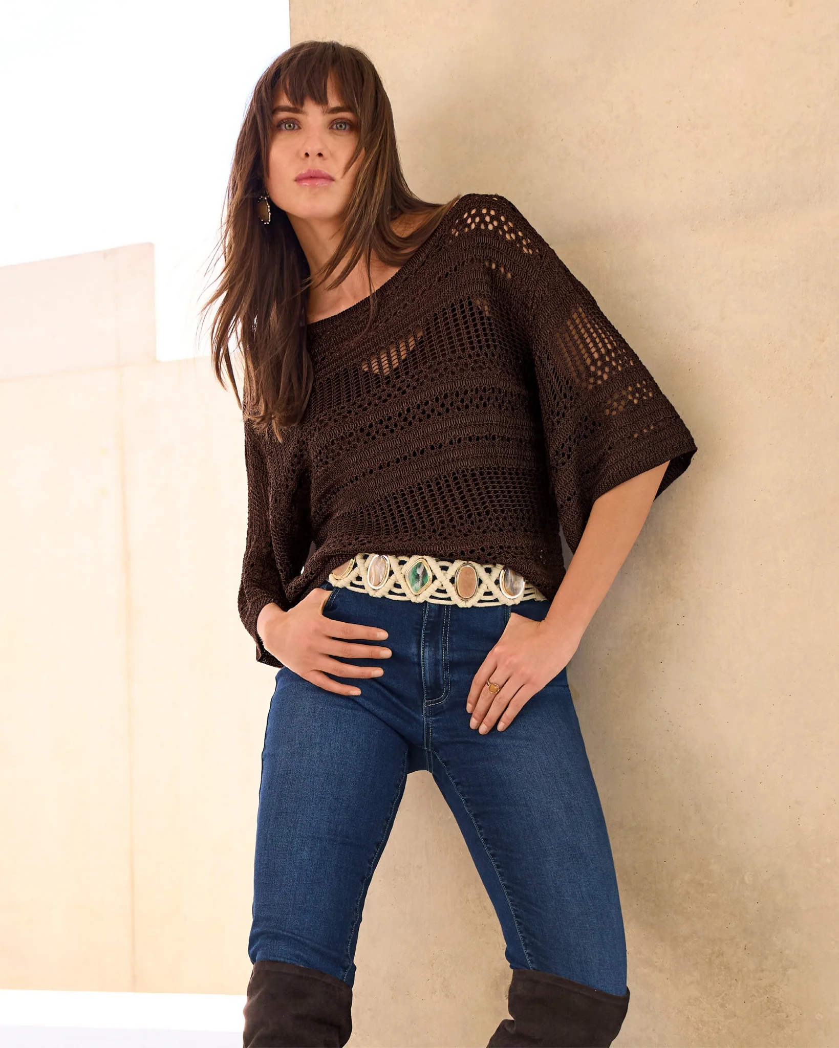 Unique Stone Woven Waist Belt Off White