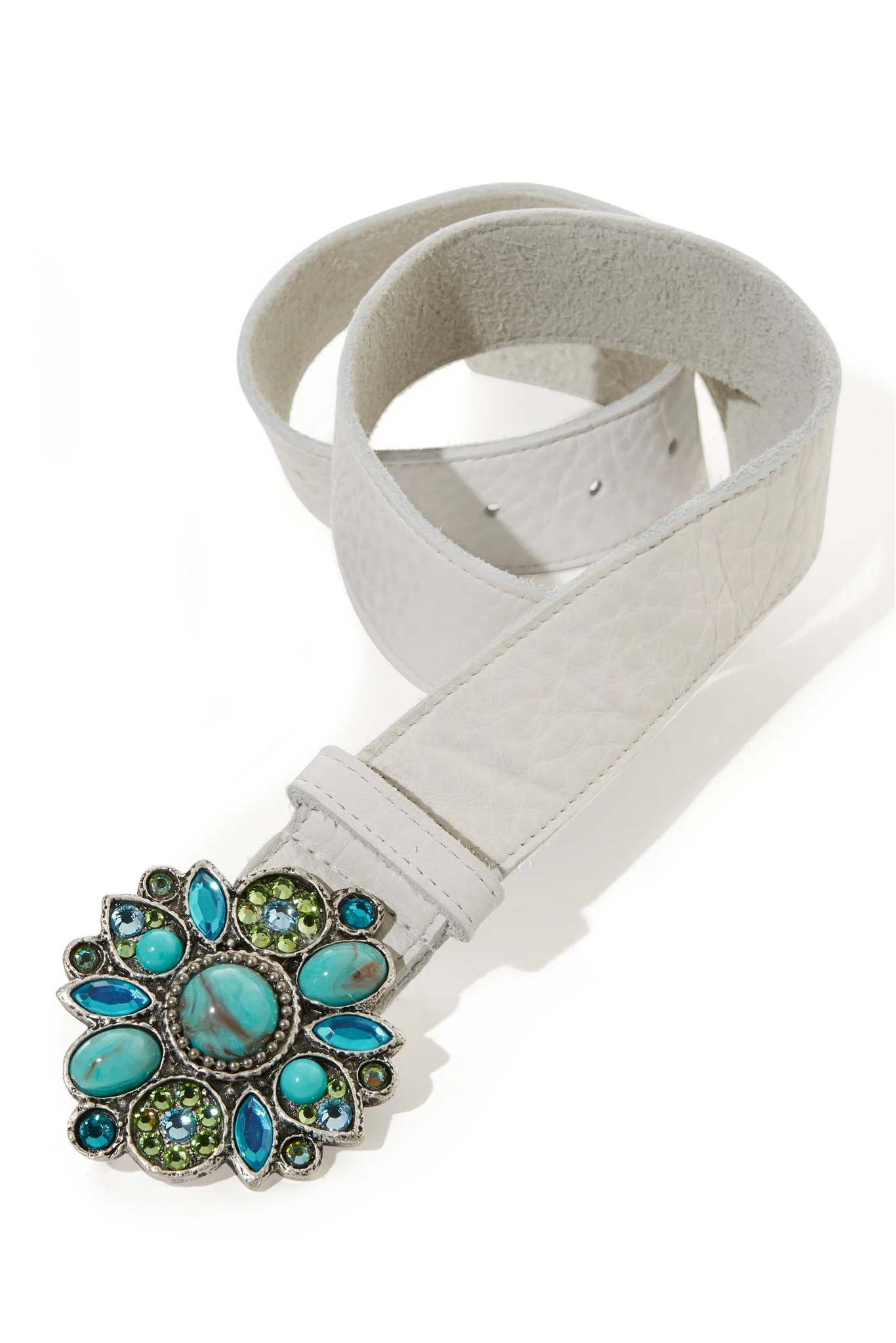 Turquoise Embellished Buckle Belt White