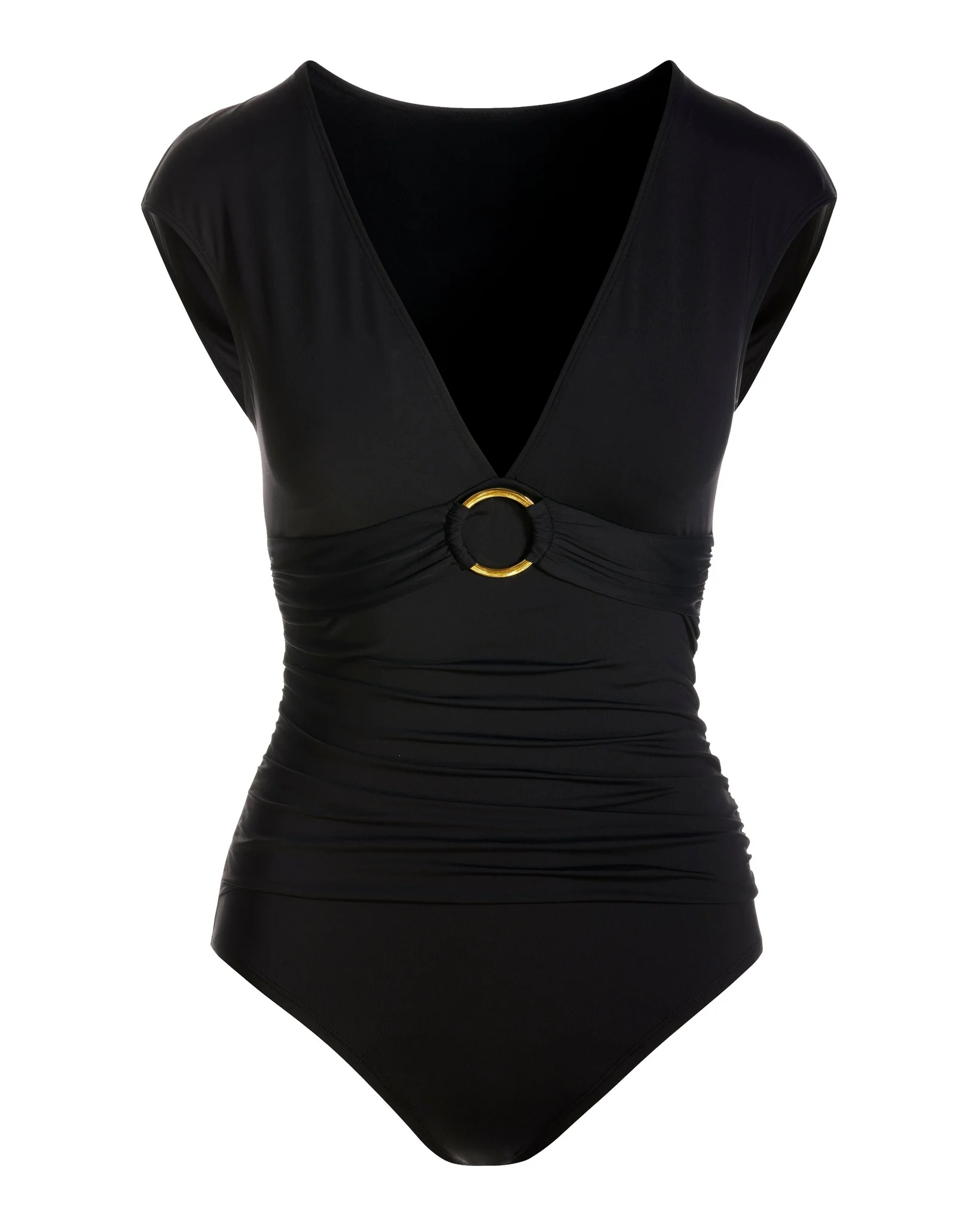 Cap-Sleeve Ring Detail One-Piece Swimsuit Black