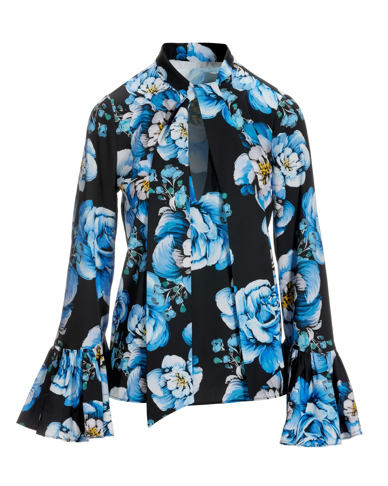 Winter Floral Print Keyhole Tie Neck Ruffle Sleeve Blouse Blue