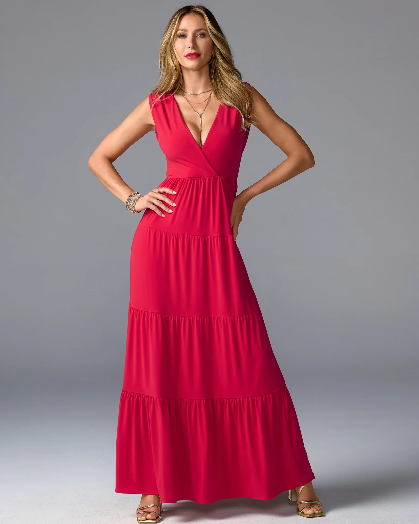 V Neck Tiered Knit Maxi Dress Rose Red