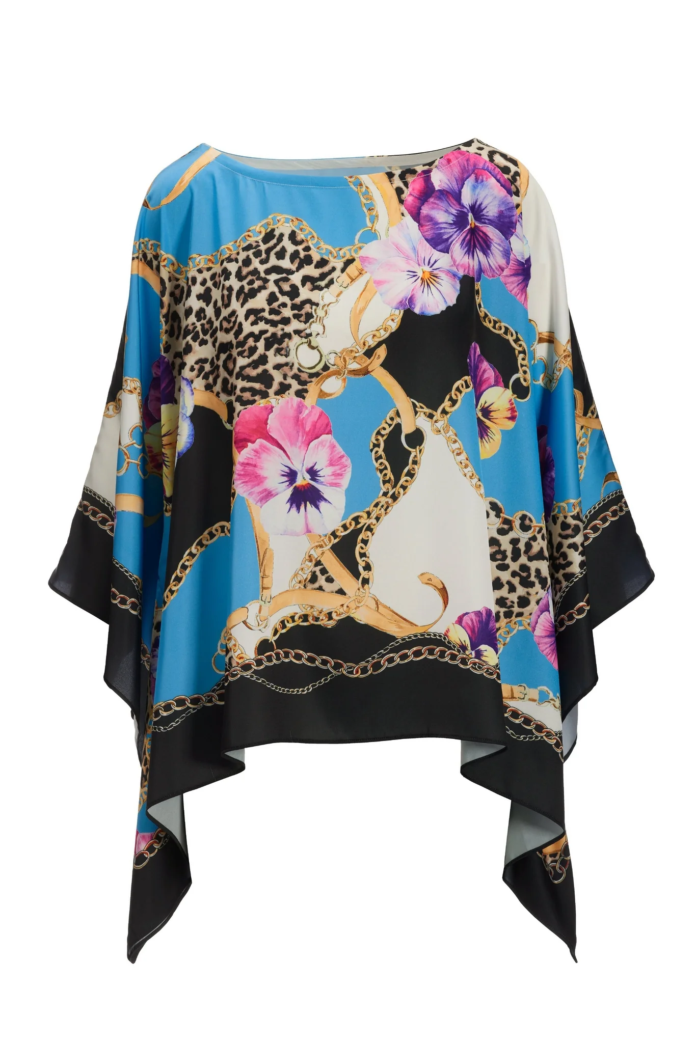 Wild Pansies Print Roxy Effortless Charmeuse Blouse Blue Multi