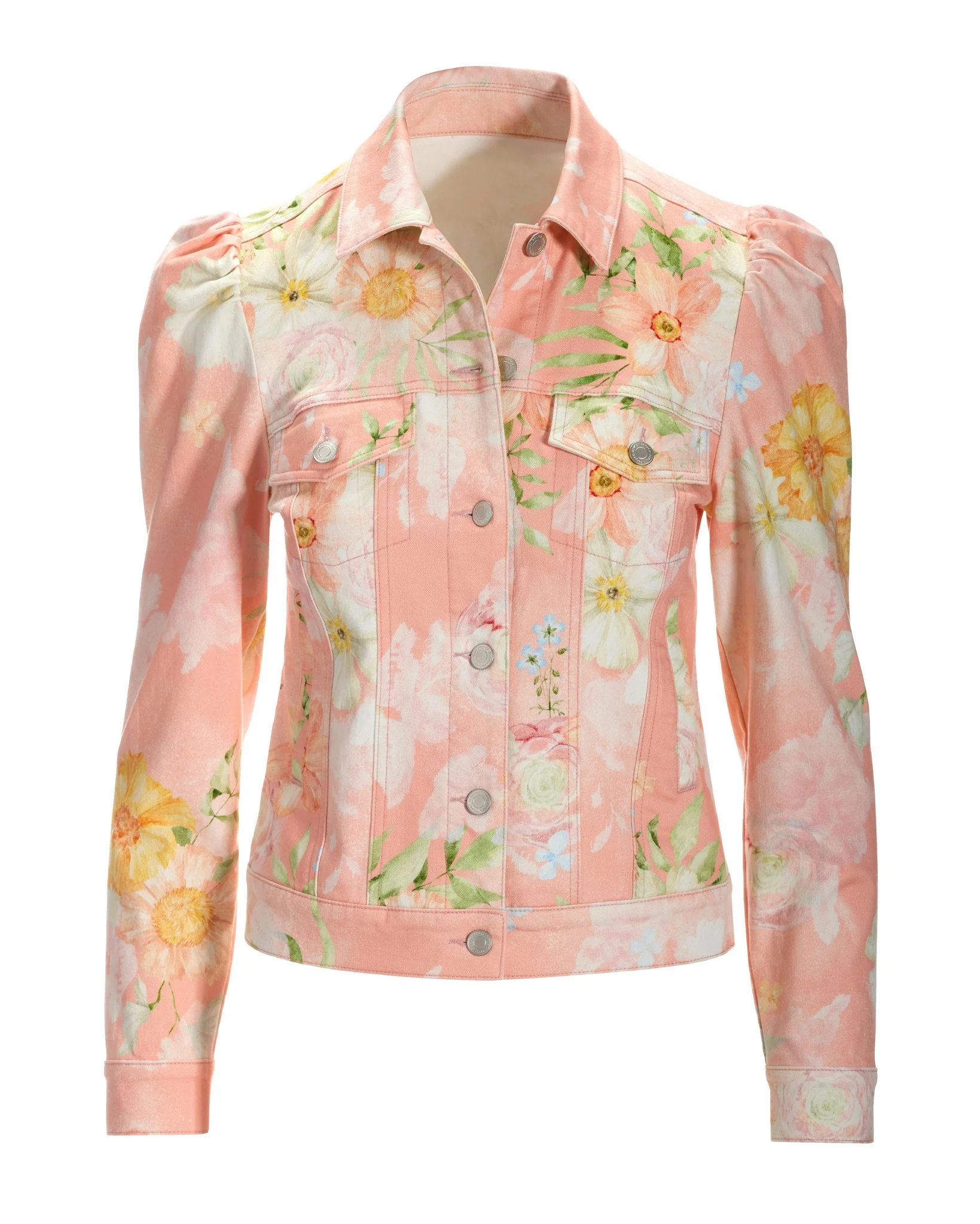 Vintage Blooms Print Puff-Sleeve Denim Jacket Pink