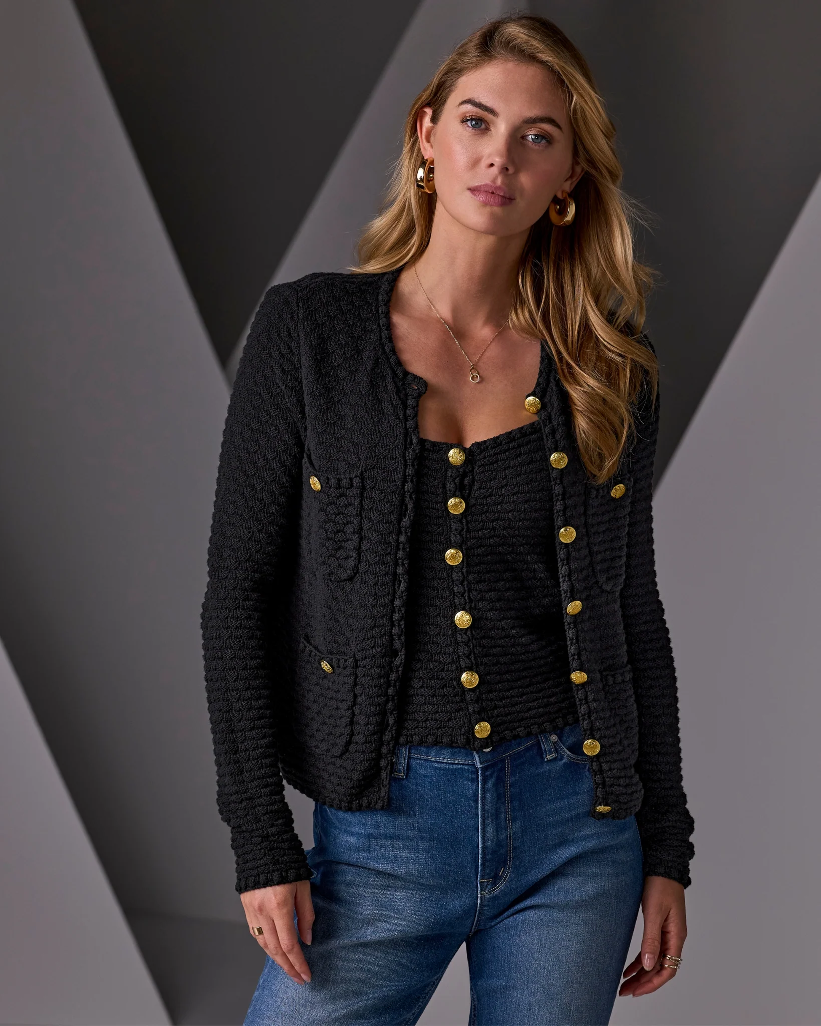 Button Detail Pocket Sweater Cardigan Black