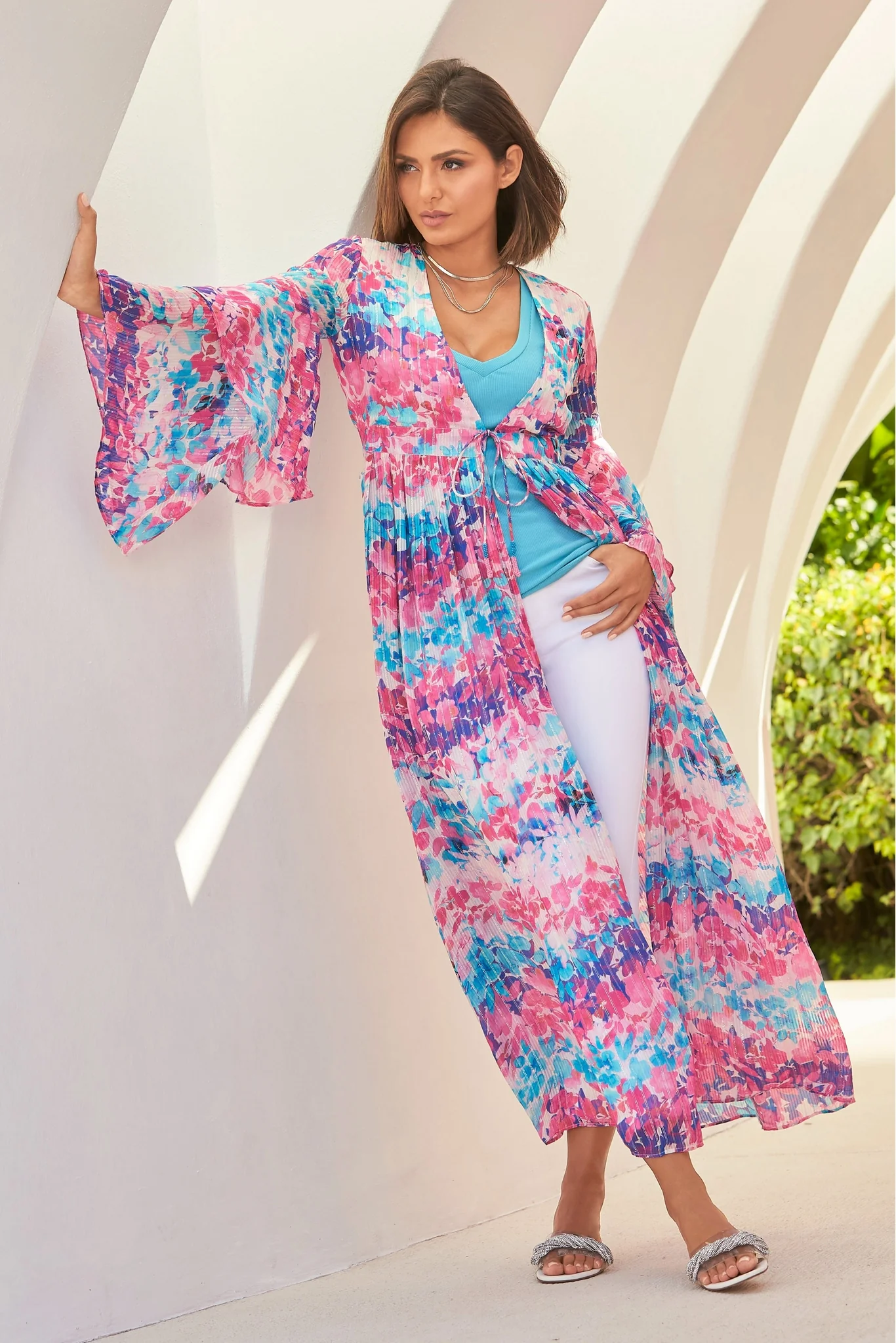 Watercolor Garden Print Shimmer Duster Multi