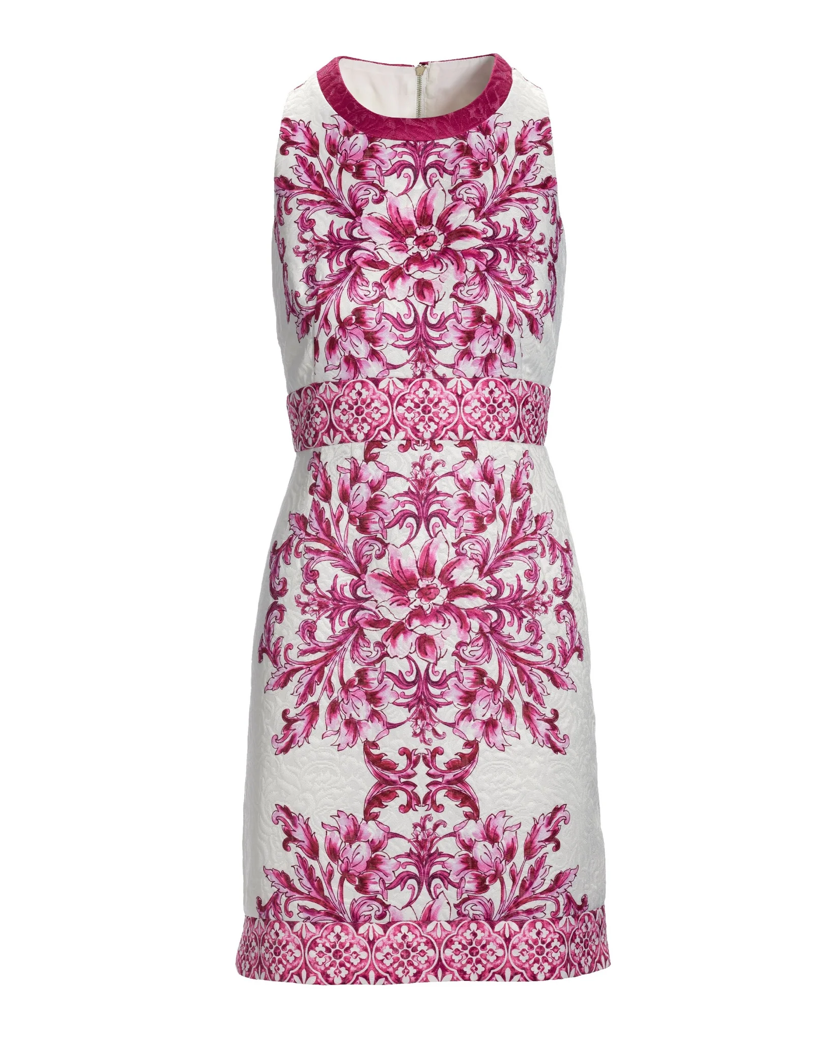 Tile Print Textured Jacquard Sheath Dress Pink Multi