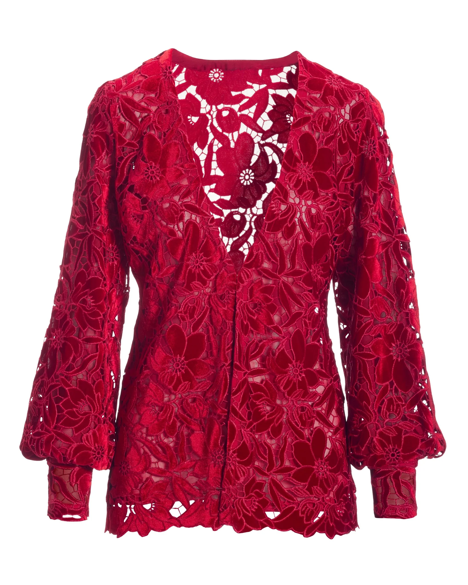 Velvet Floral Lace Hip Length Duster Racing Red