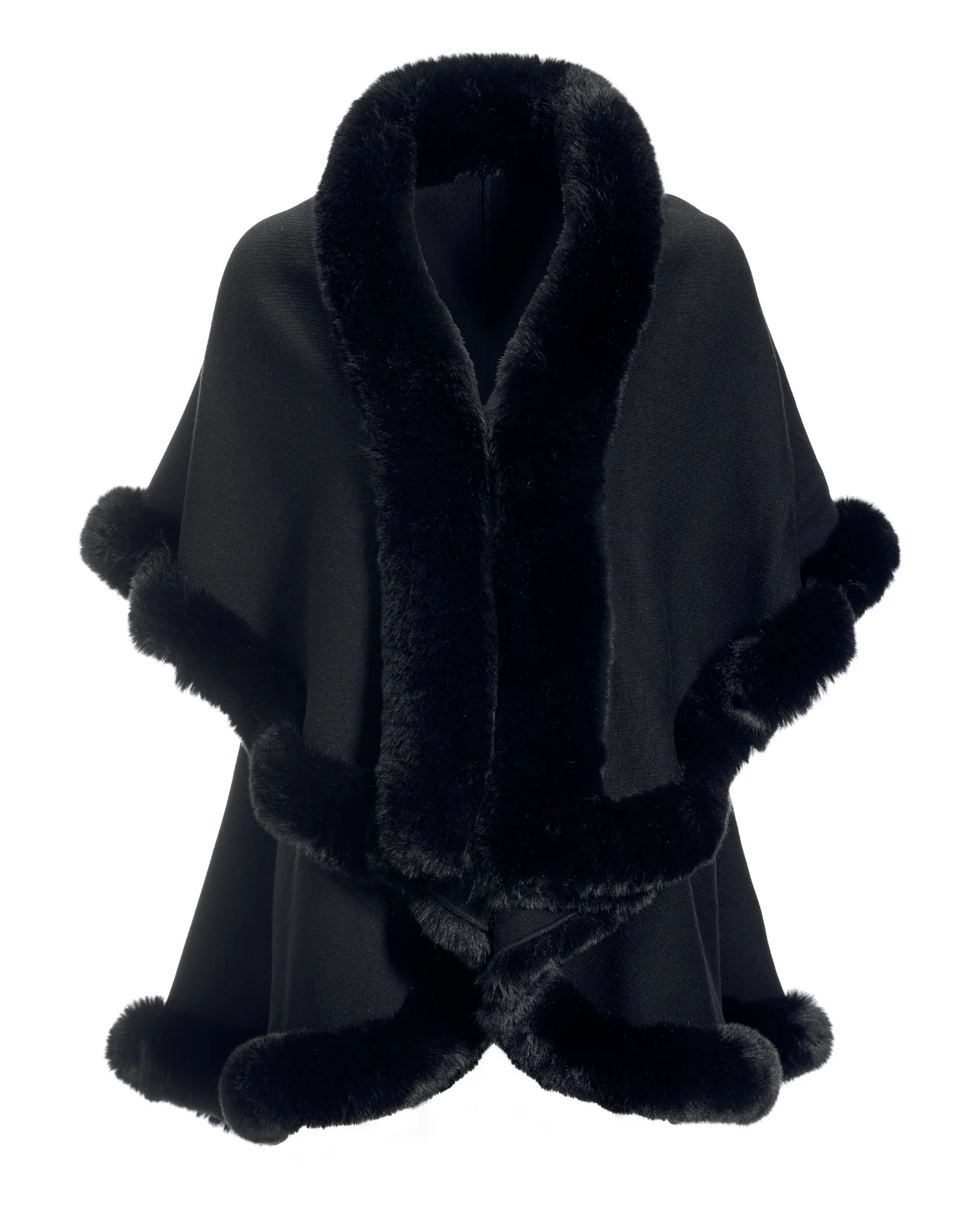 Tiered Faux Fur Trim Poncho Black