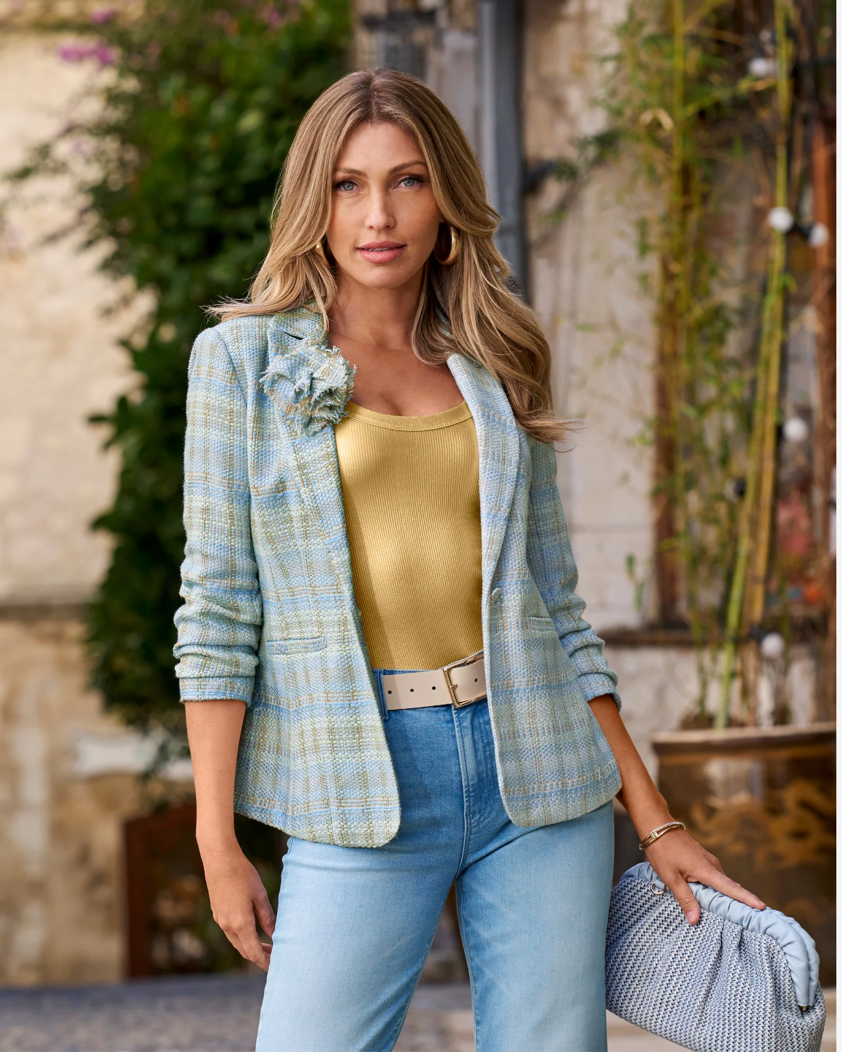 Tweed Ruched Sleeve Single Button Blazer Blue Multi