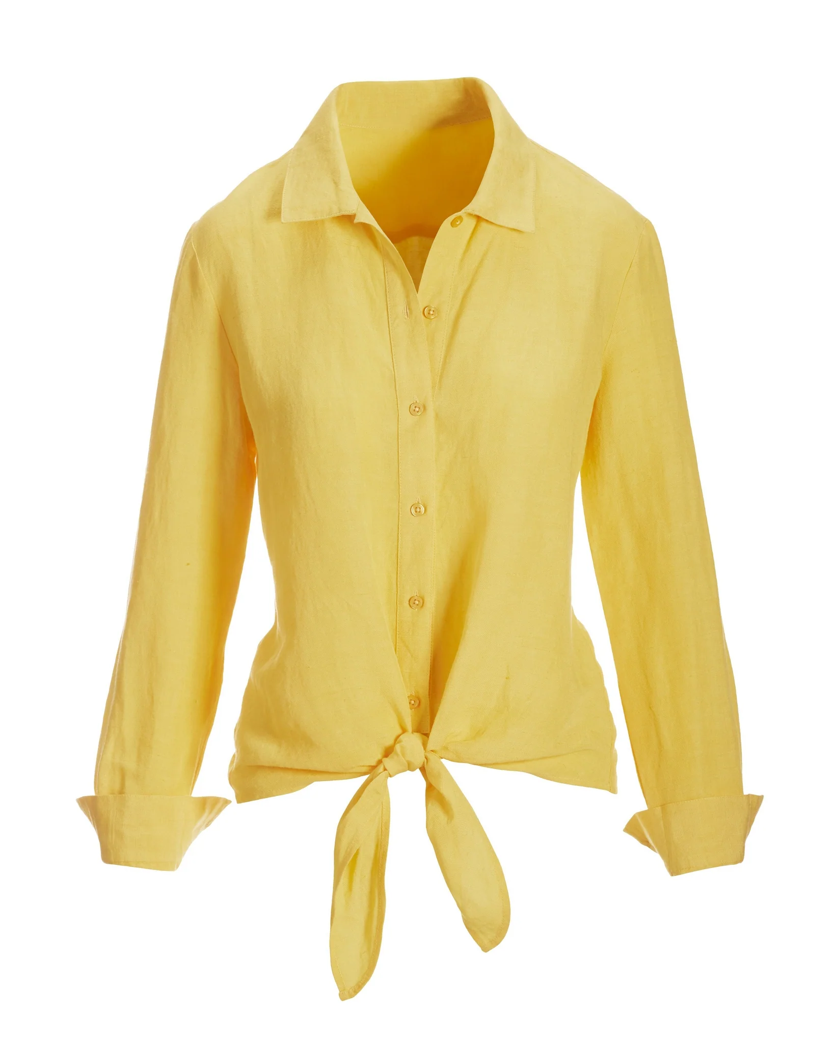 Tie Front Long Sleeve Linen Shirt Lemon Drop
