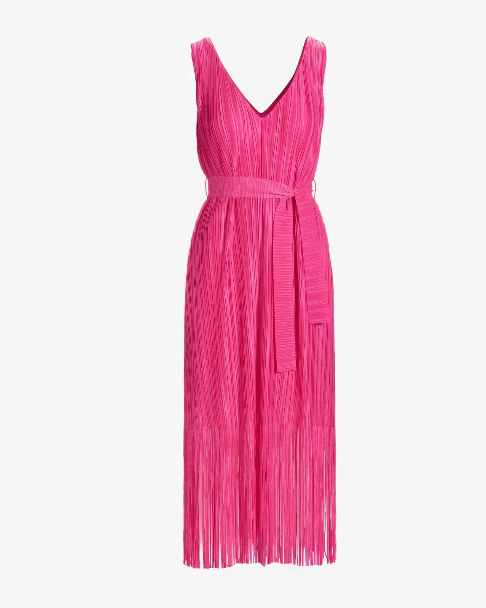 V Neck Fringe Pleated Midi Dress Shocking Pink