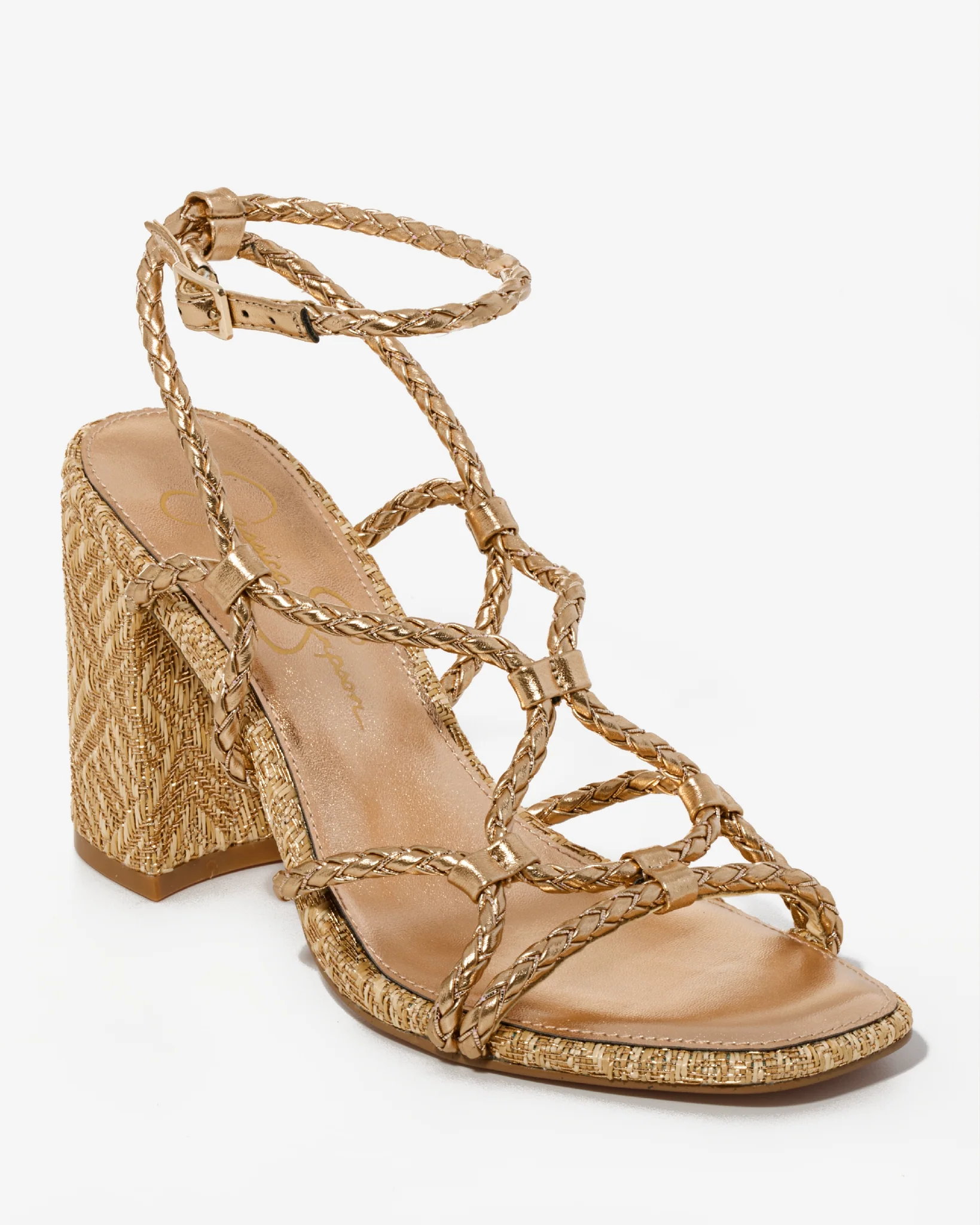 Braided Strappy Metallic Block Heel Brass