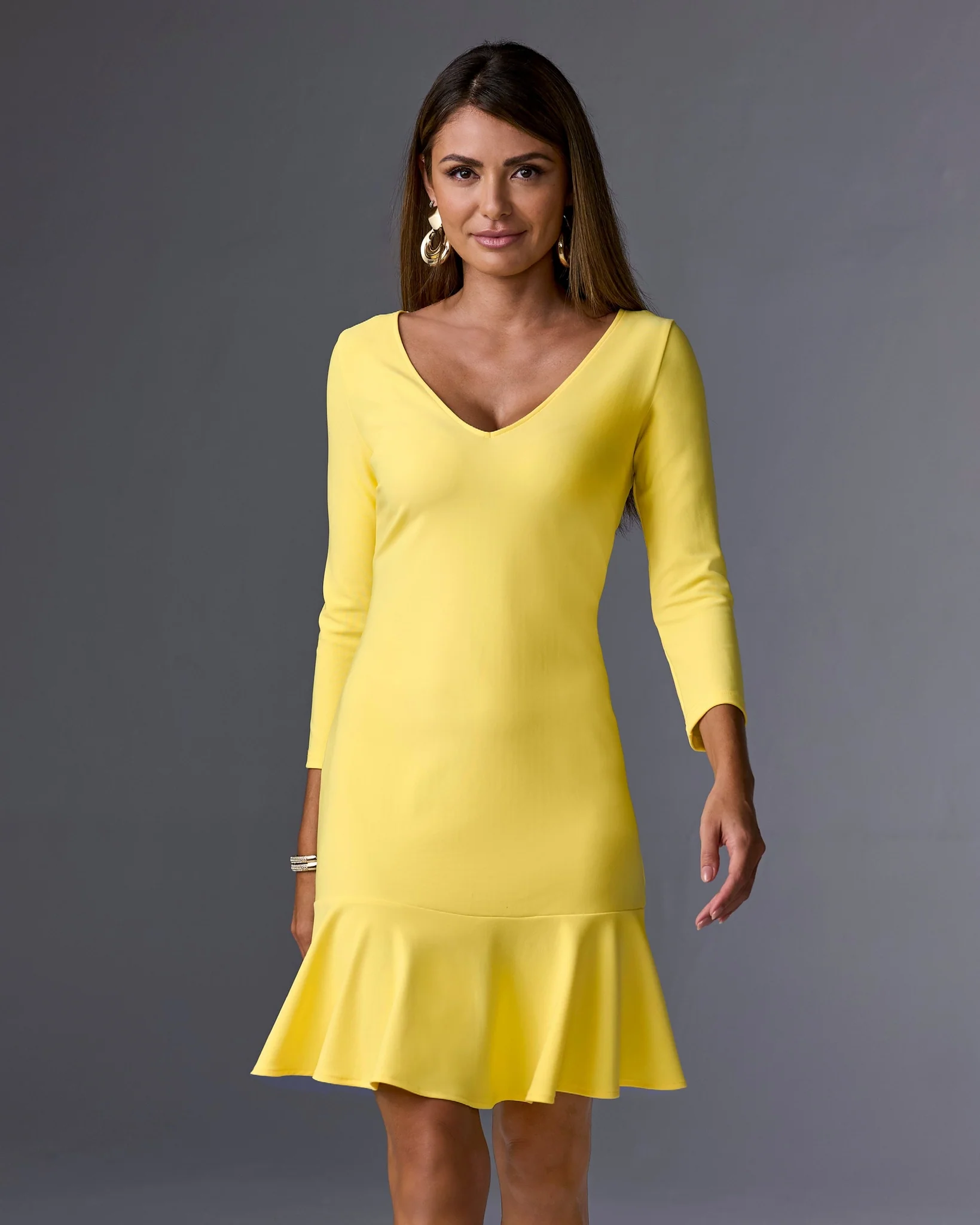 Beyond Travel Three Quarter Sleeve Flounce Dress Lemon Drop