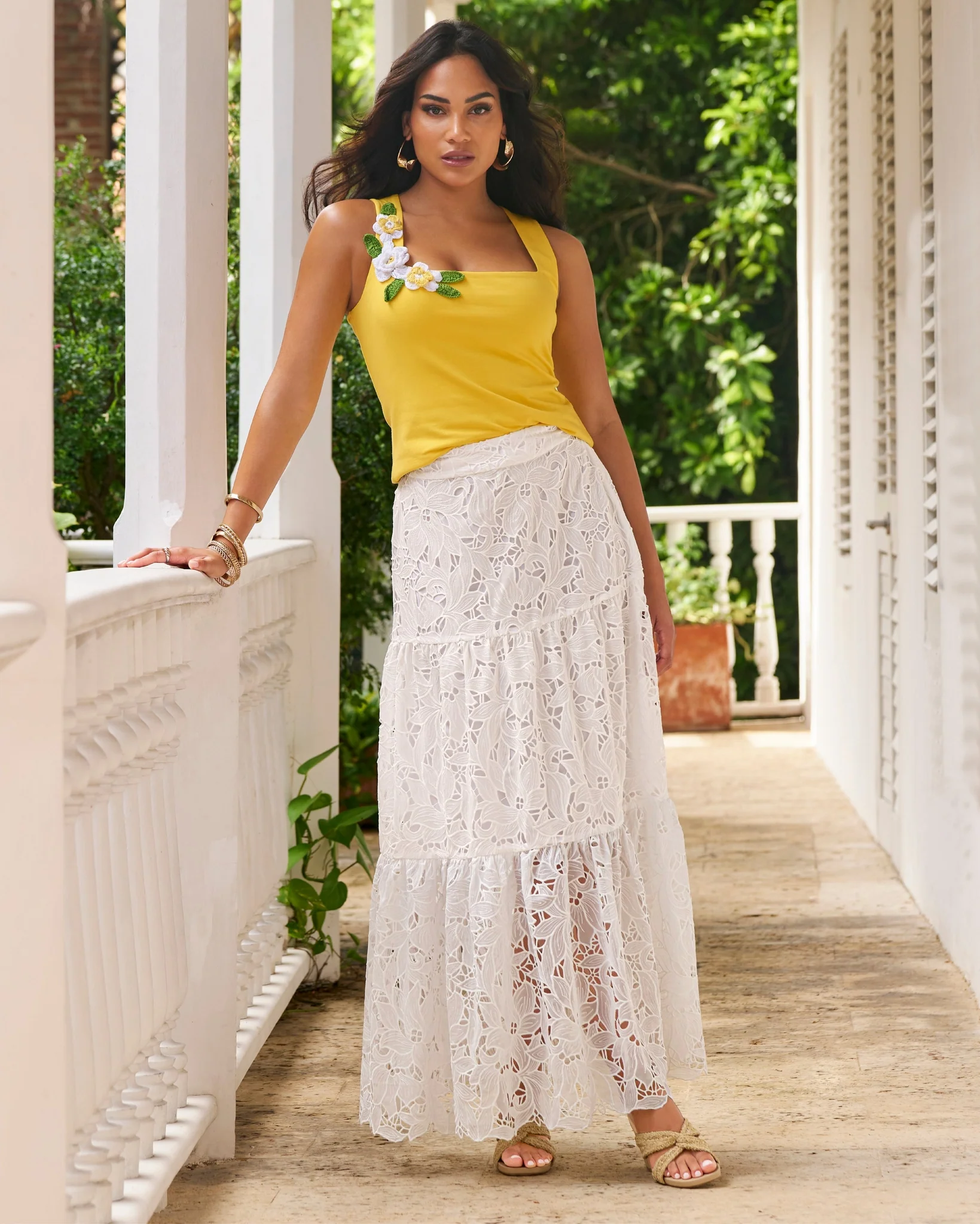 Tiered Lace Midi Skirt White