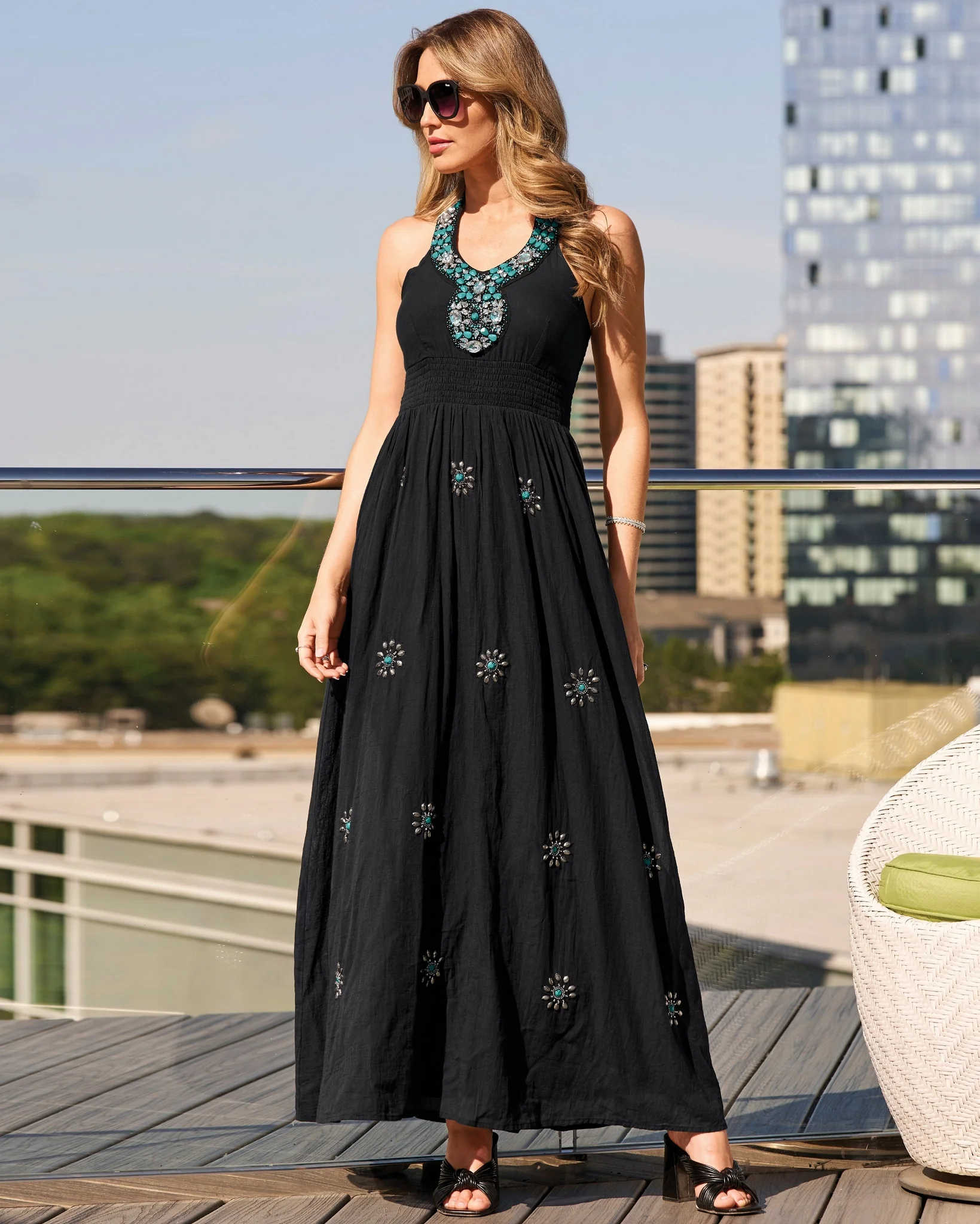 Turquoise Embellished Halter Maxi Dress Black