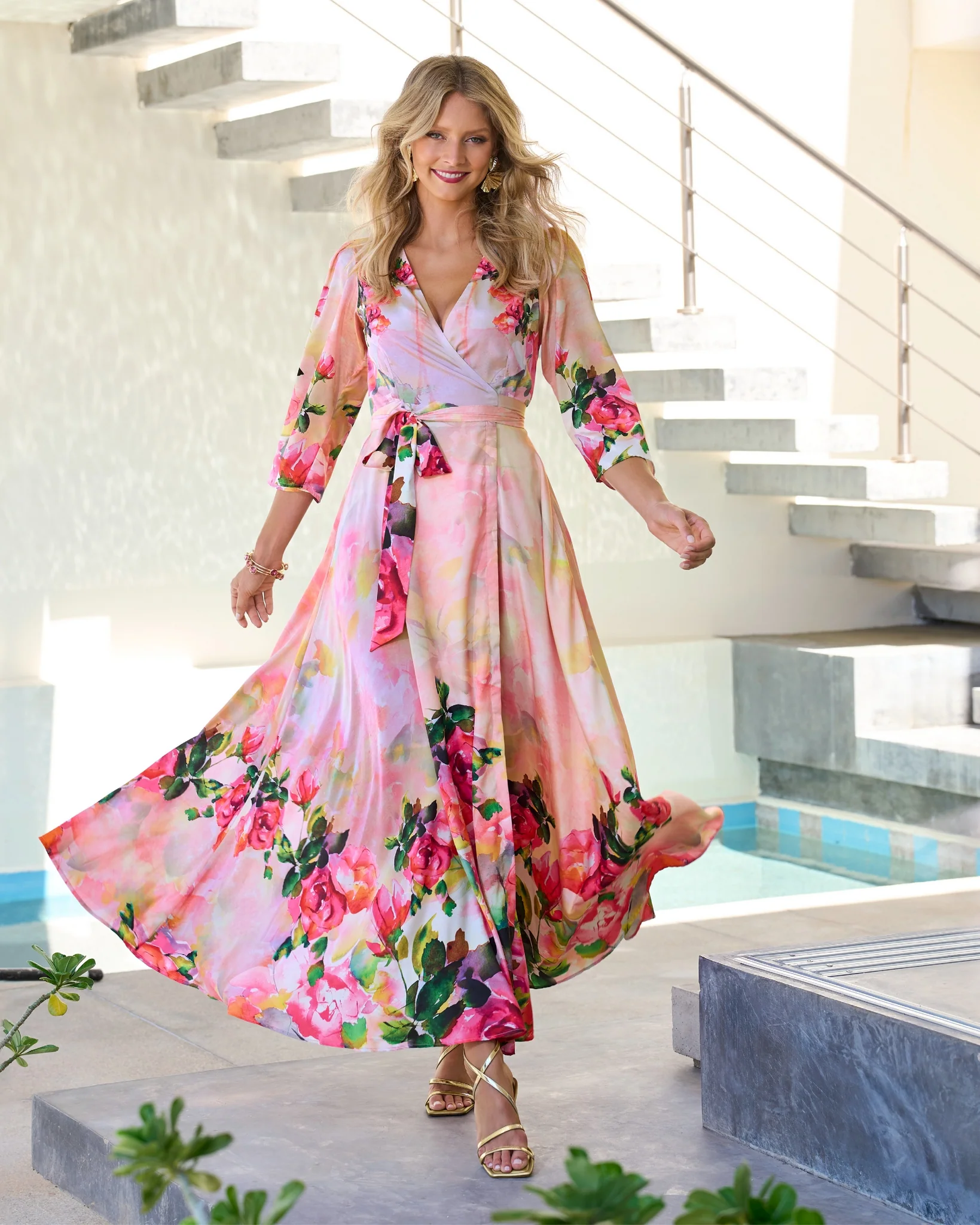 Watercolor Floral Print Wrap Maxi Dress Pink Multi