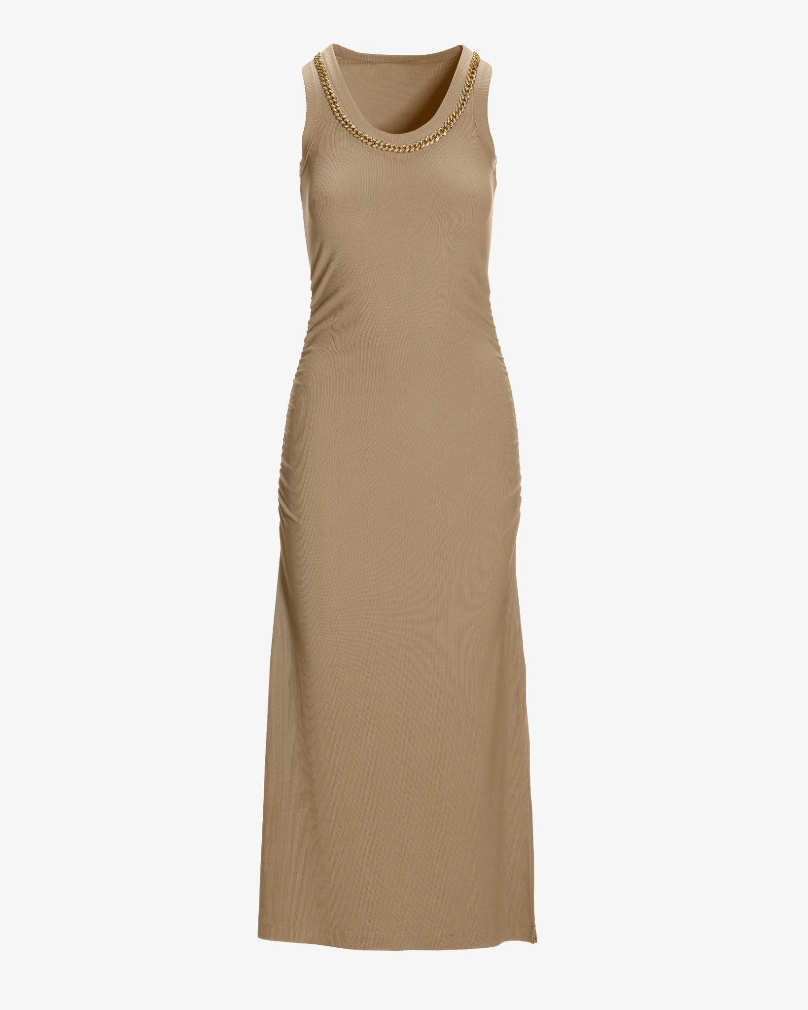 Chain Detail Scoop Neck Ribbed Midi Dress Sesame