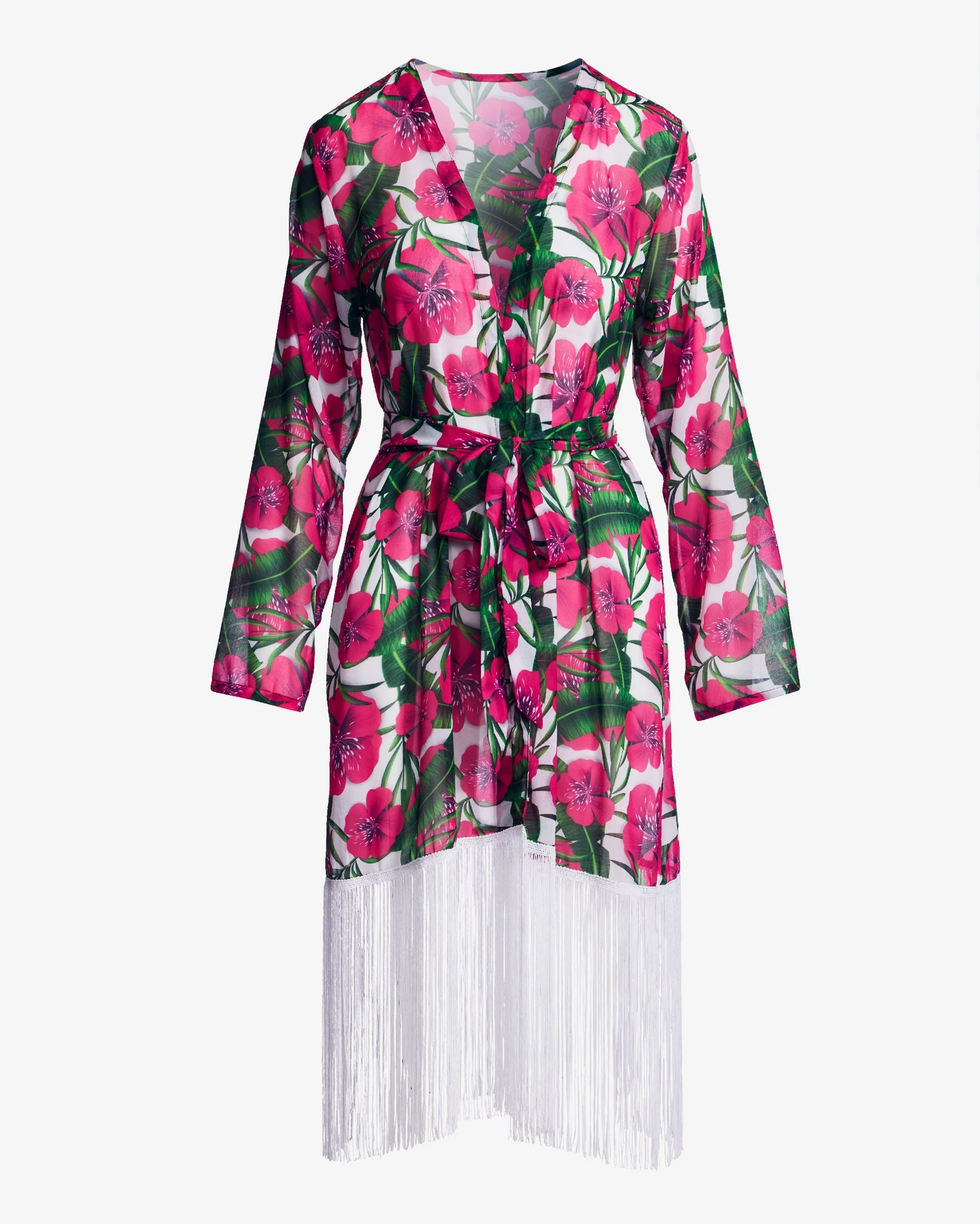 Tropical Printed Fringe Coverup White Multi