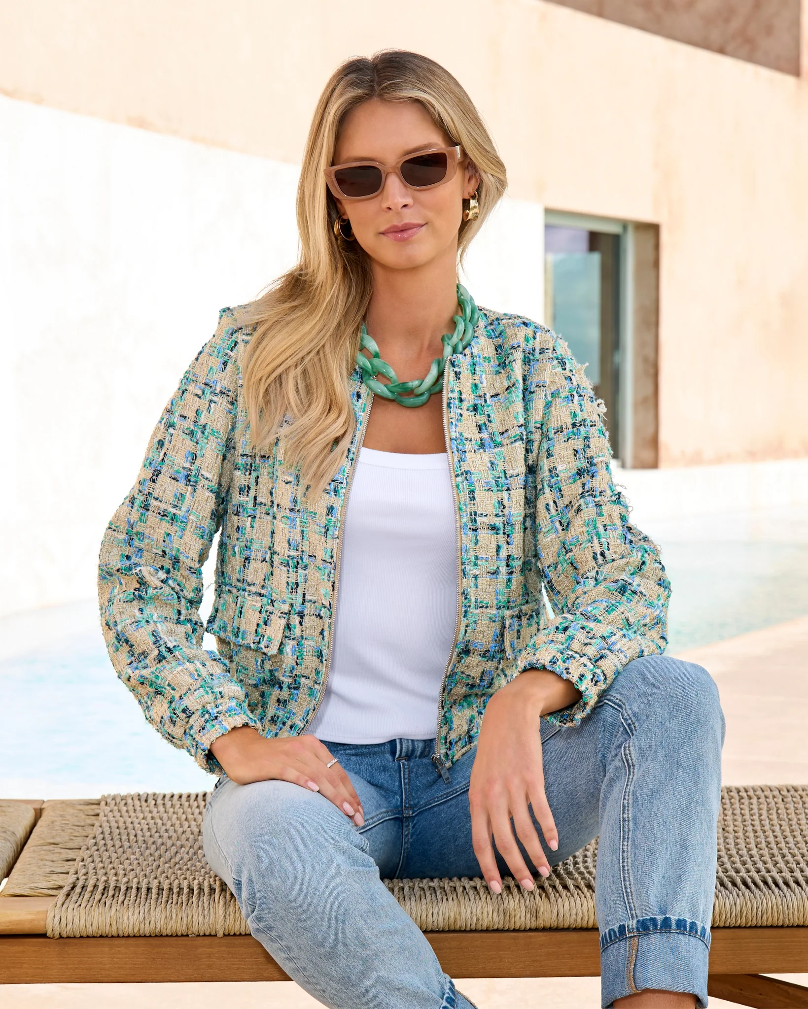 Tweed Bomber Jacket Tan Multi