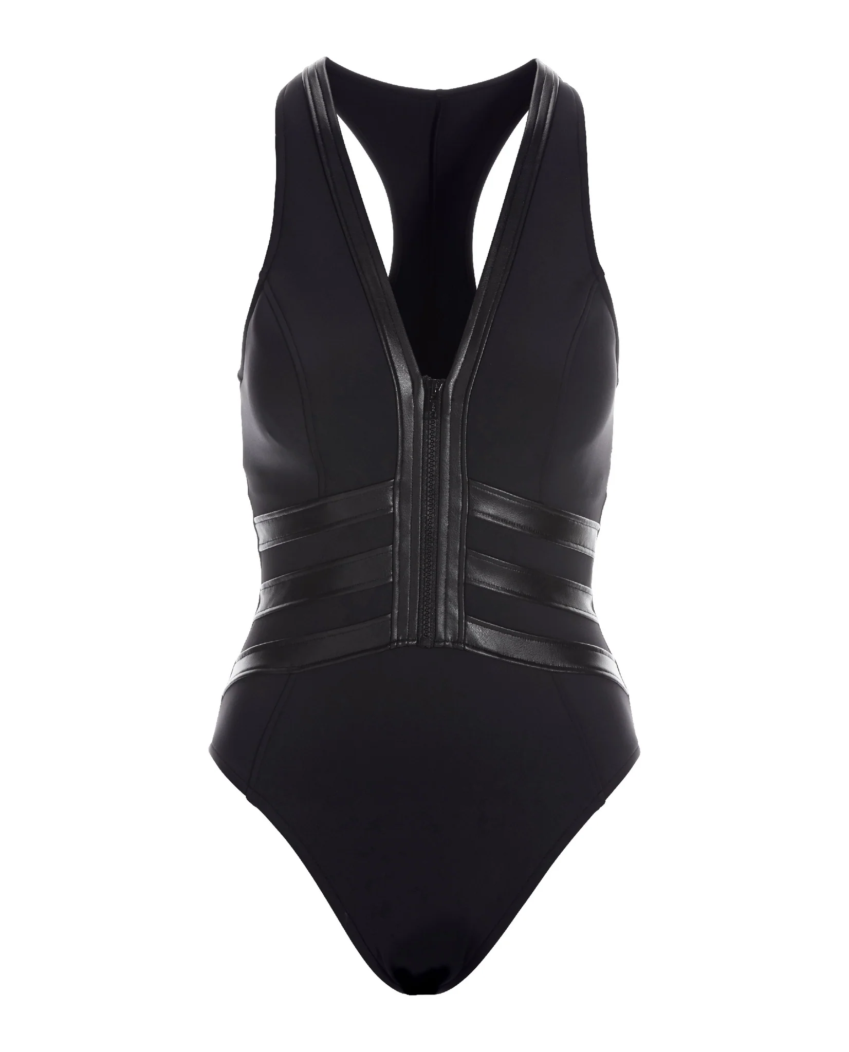 Zip Front Faux Leather One Piece Swimsuit Black
