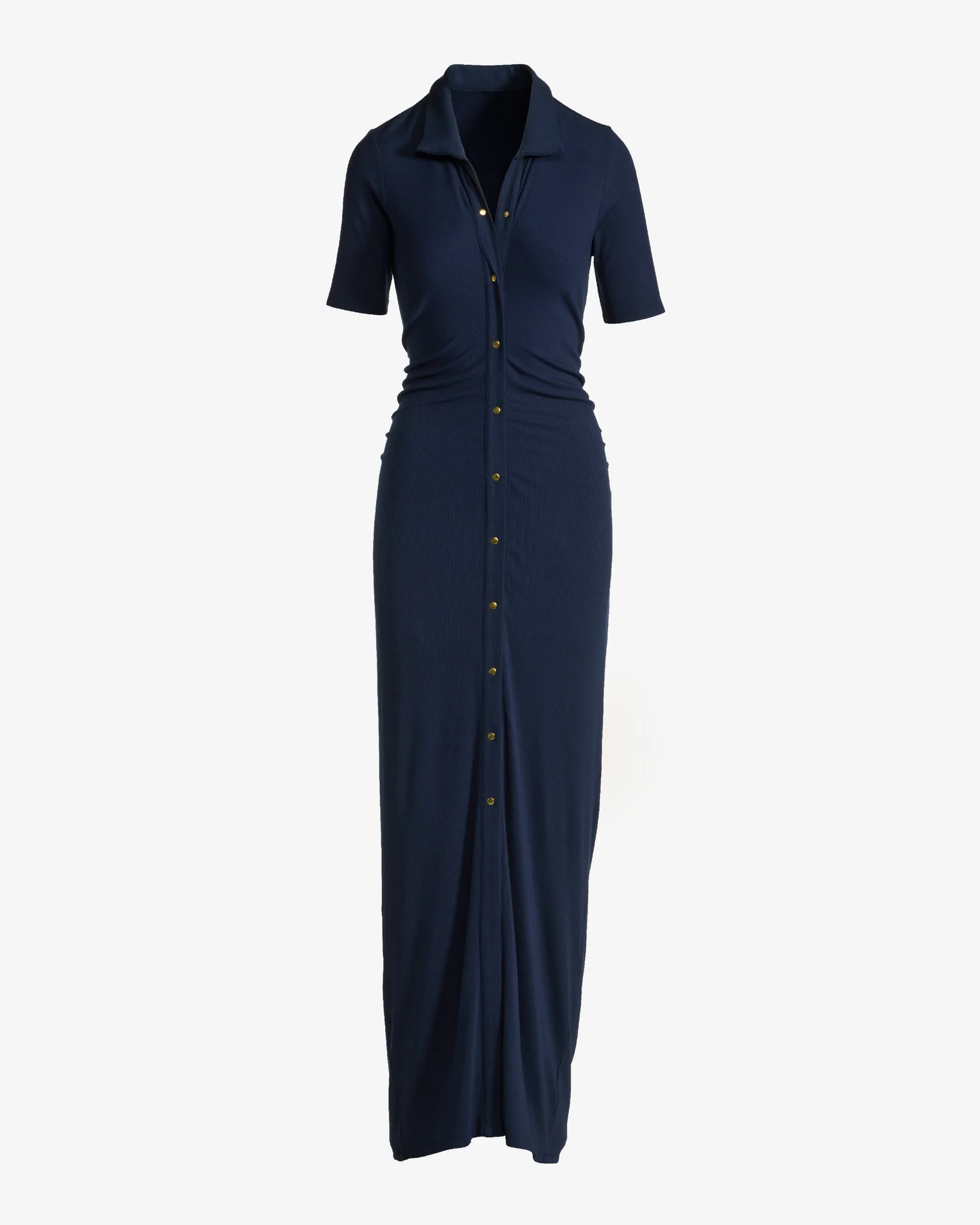 Button Up Rib Elbow Sleeve Maxi Dress Navy