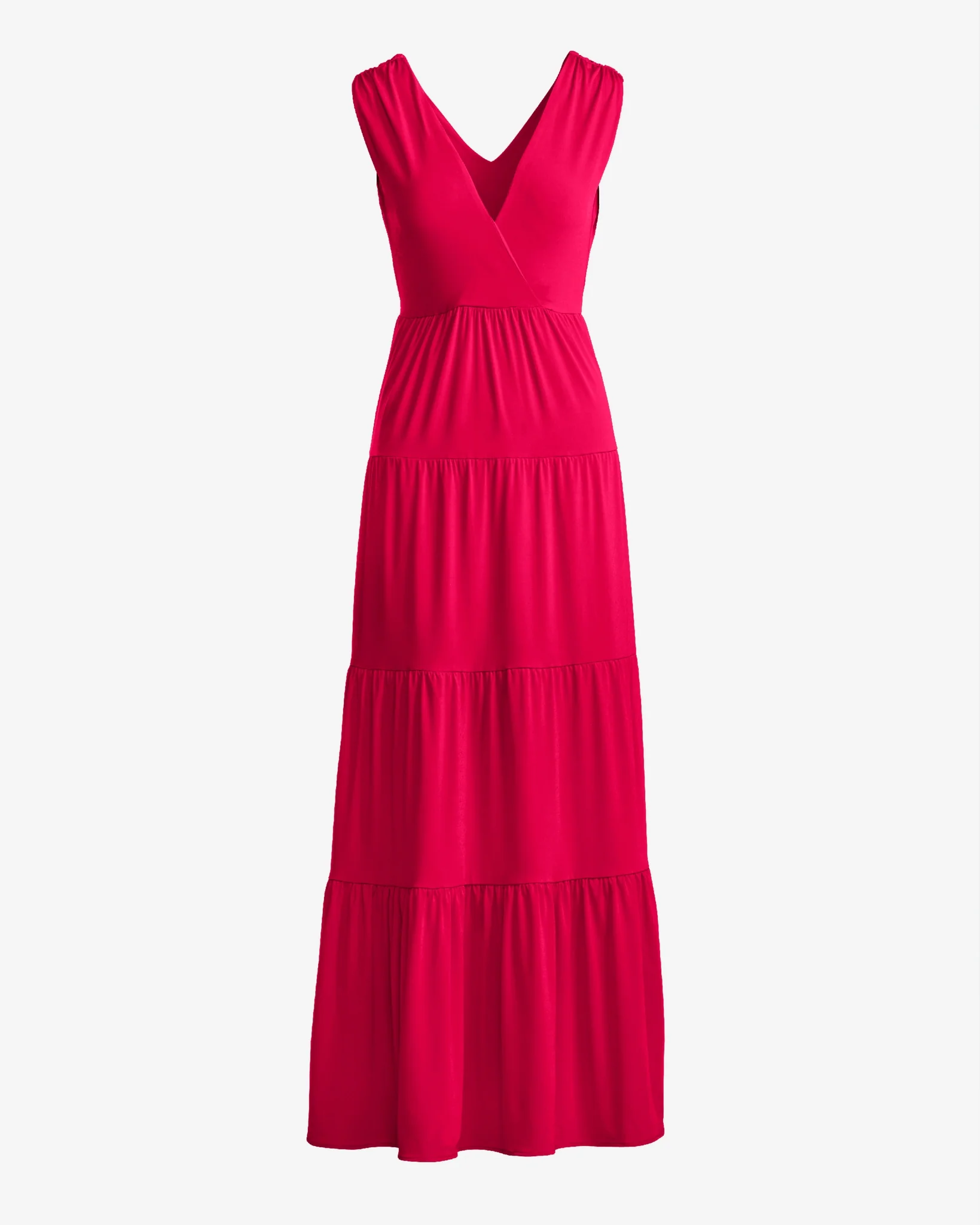 V Neck Tiered Knit Maxi Dress Rose Red