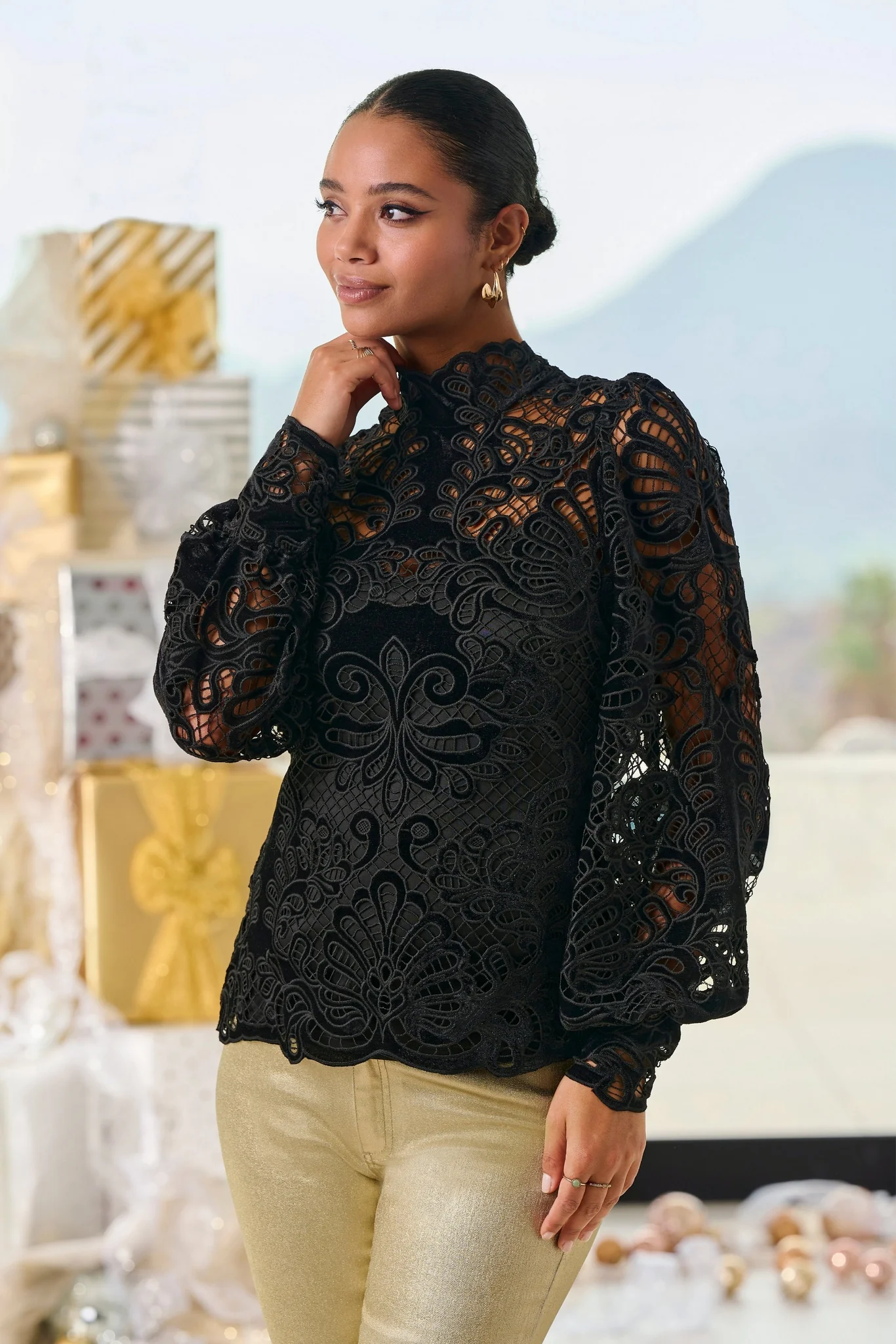 Velvet Lace Mock-Neck Long-Sleeve Blouse Black