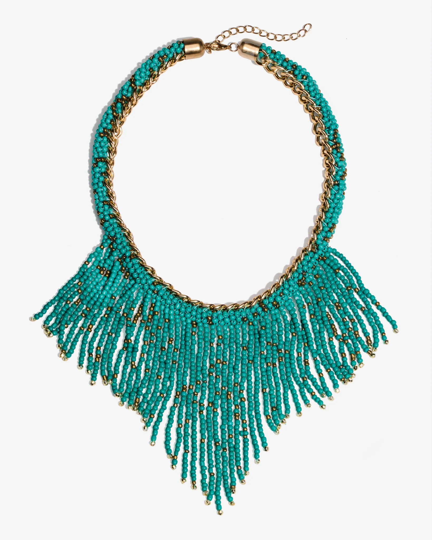 Chain and Beaded Fringe Necklace Turquoise/Gold