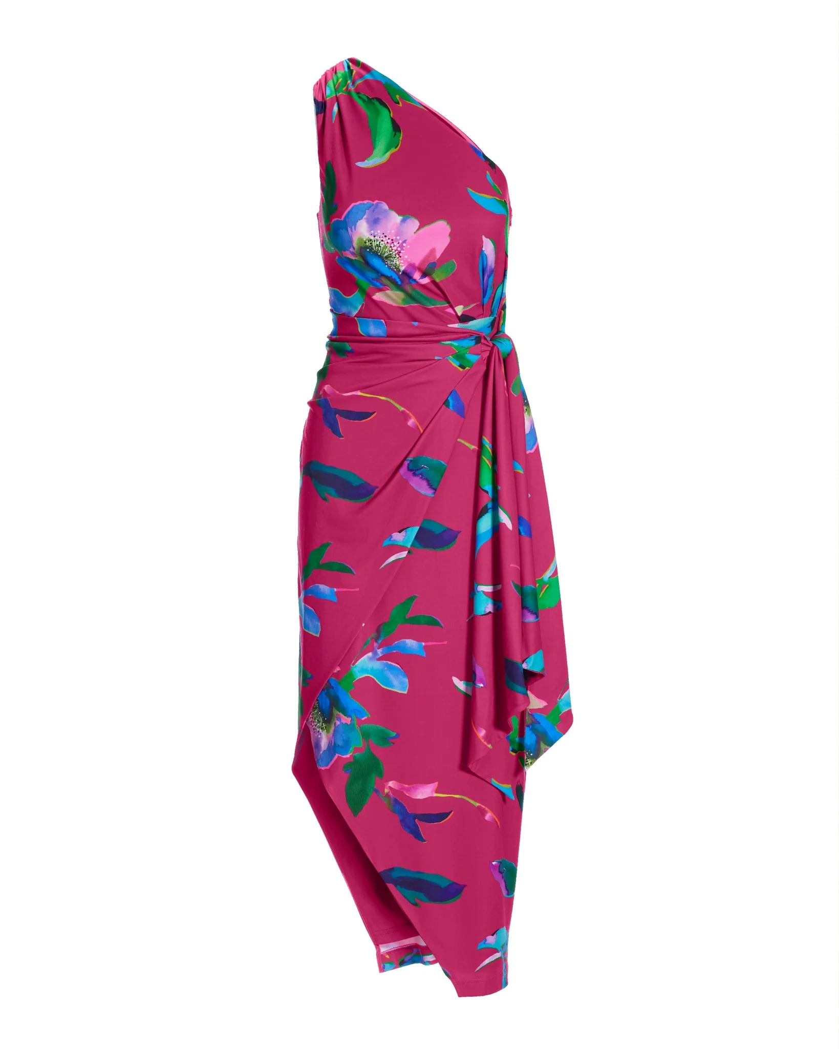 Watercolor Abstract Print One Shoulder Tie Waist Knit Dress Multi