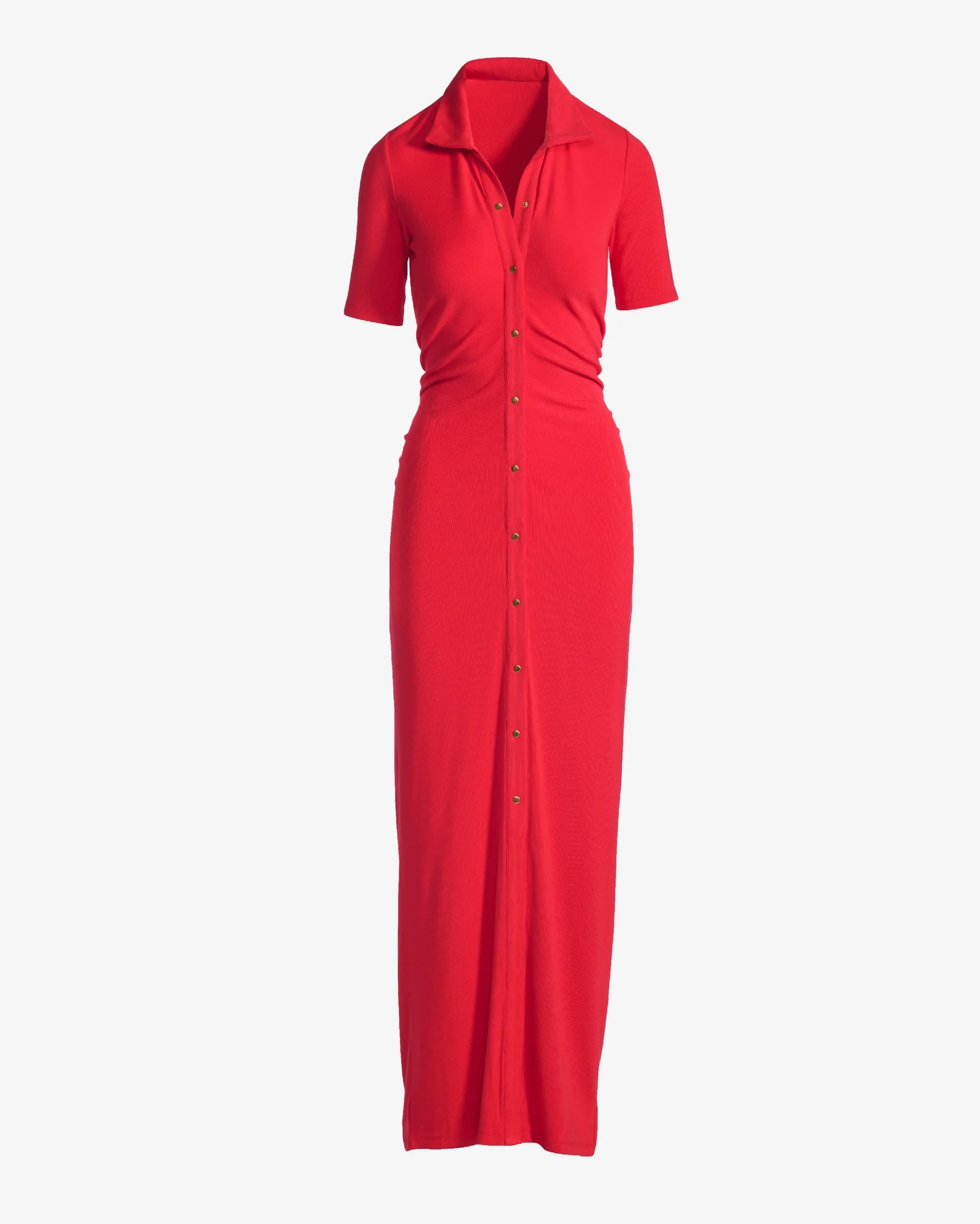 Button Up Rib Elbow Sleeve Maxi Dress Hibiscus