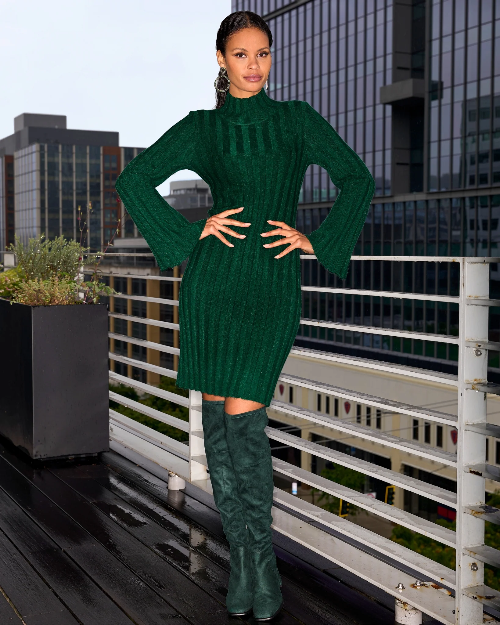 Turtleneck Bell Sleeve Wide Rib Sweater Dress Deep Emerald