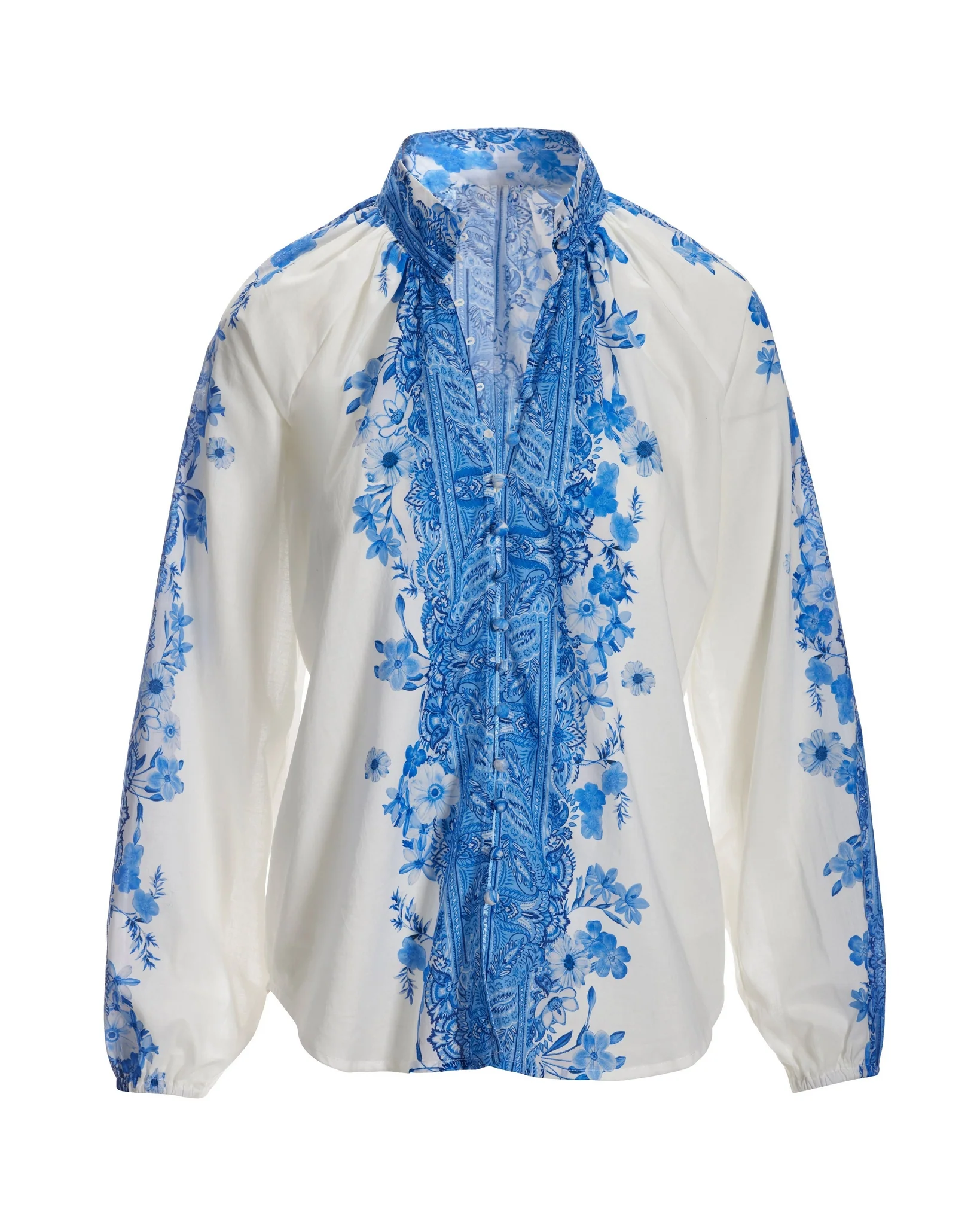 Wildflower Blues Print Balloon-Sleeve Peasant Shirt Blue