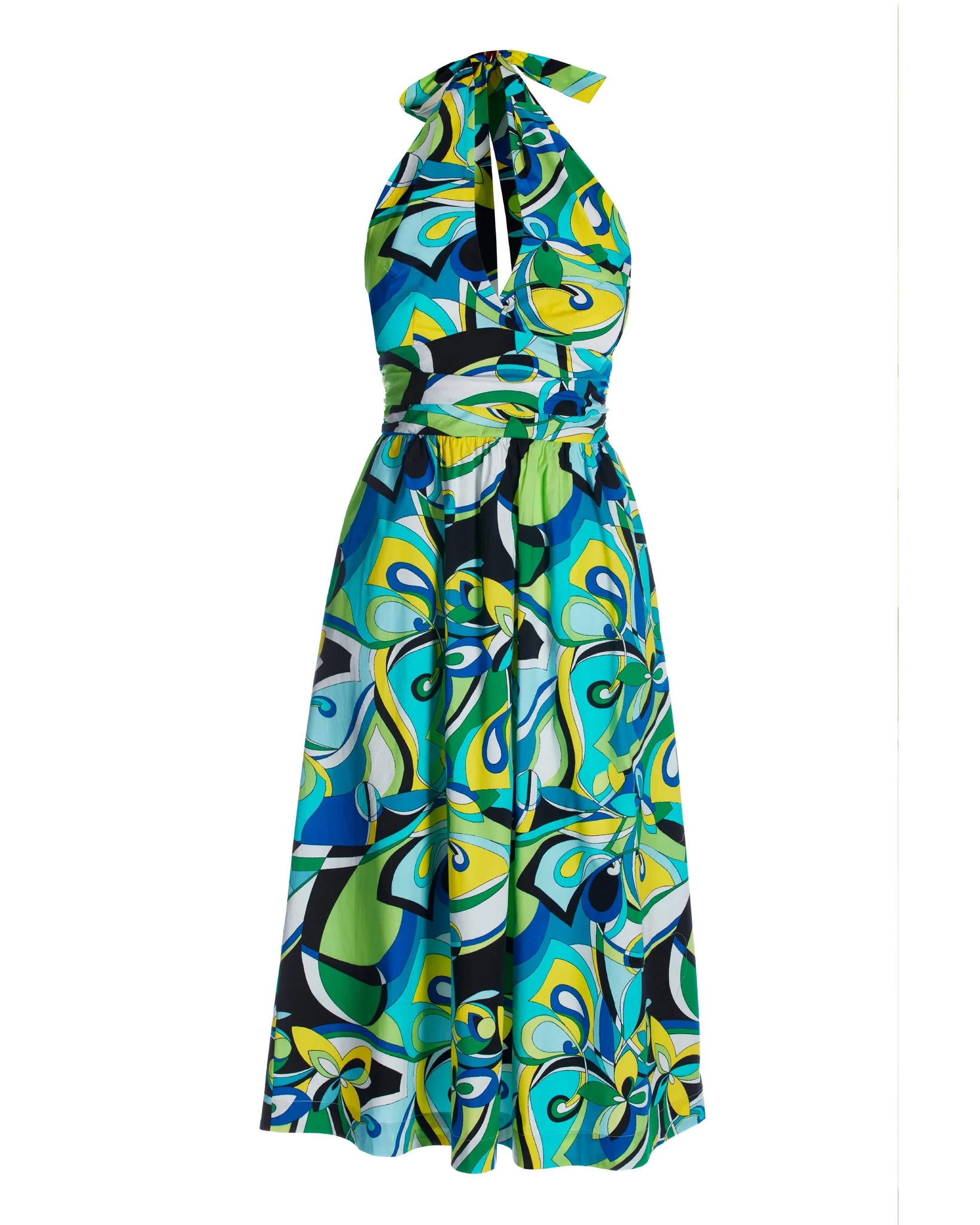 Valencia Abstract Print Halter Fit and Flare Midi Dress Blue/Green