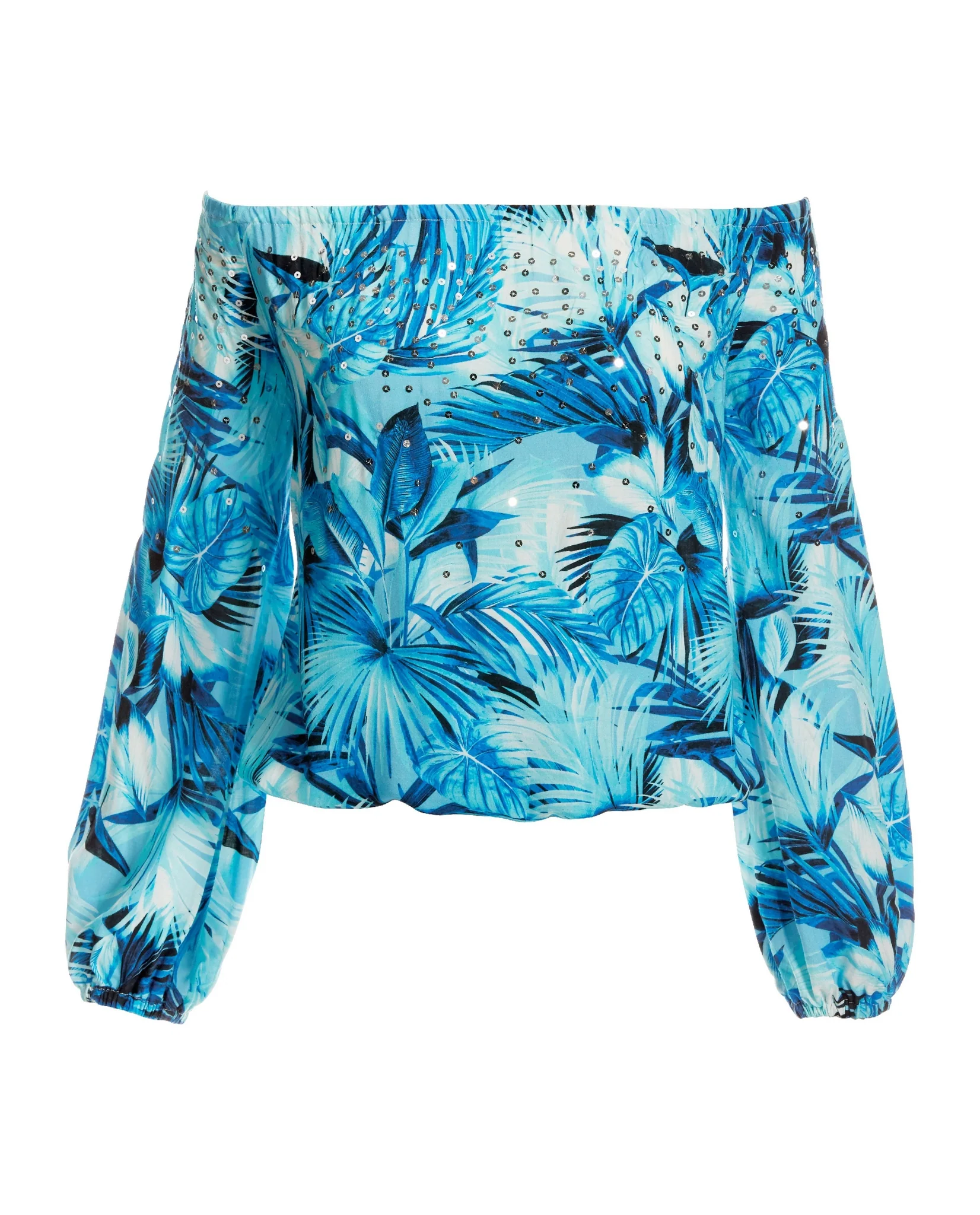 Tropics Palm Print Embellished Off The Shoulder Top Blue