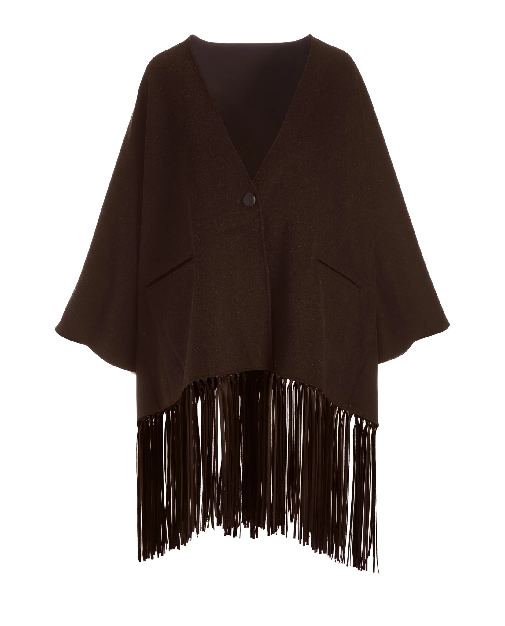 Wool Leather Fringe Cape Safari Brown